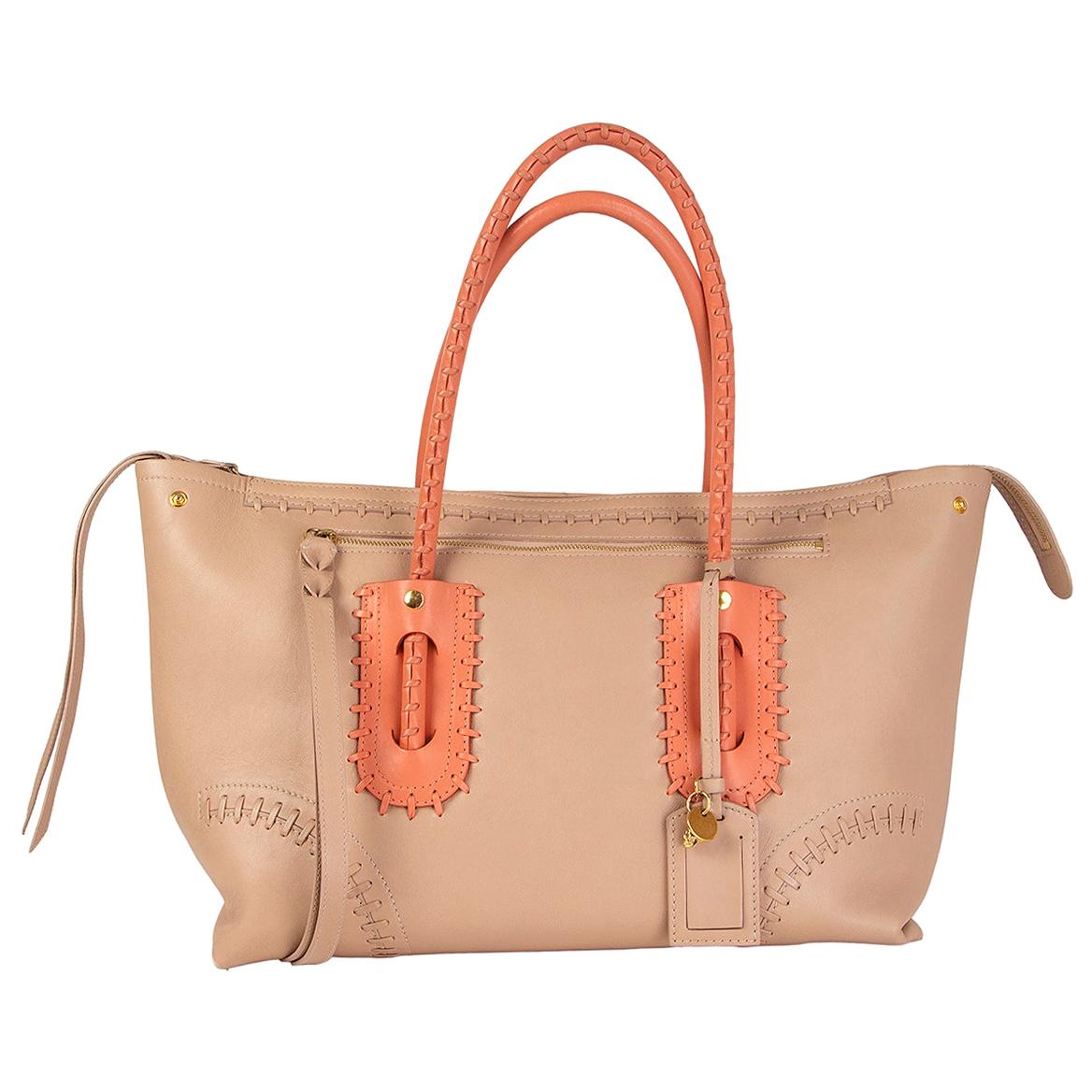 ALEXANDER MCQUEEN nude & coral leather FOLK WHIPSTITCH MEDIUM Tote Bag