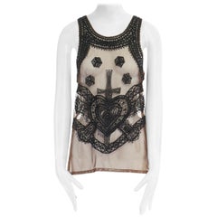 ALEXANDER MCQUEEN nude mesh black bead crucifix heart embellished vest top