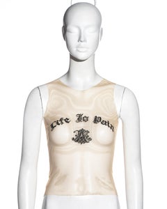 Alexander McQueen nude mesh embroidered 'Life Is Pain' tank top, fw 1996