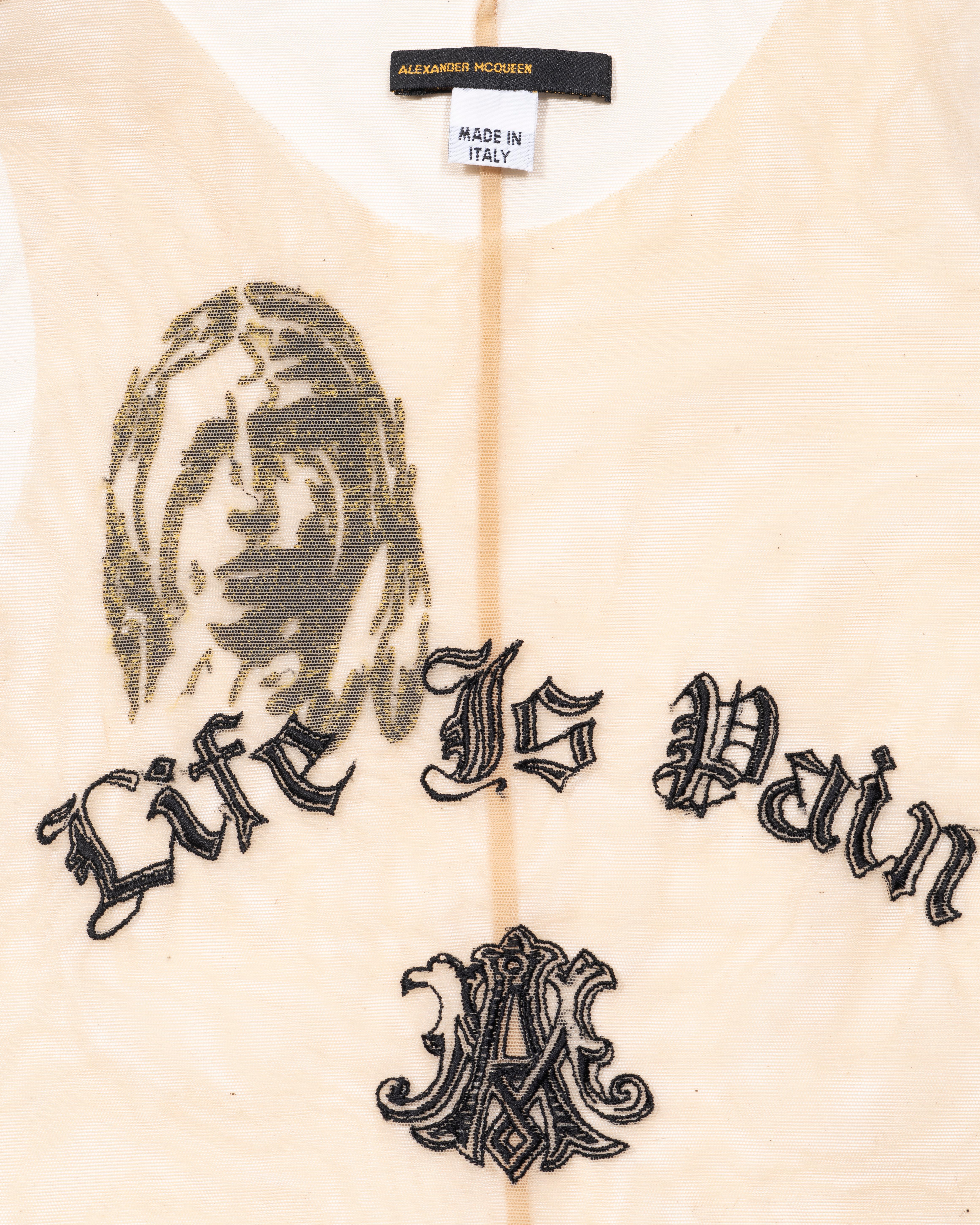 Women's Alexander McQueen nude mesh embroidered 'Life Is Pain' tank top, fw 1996