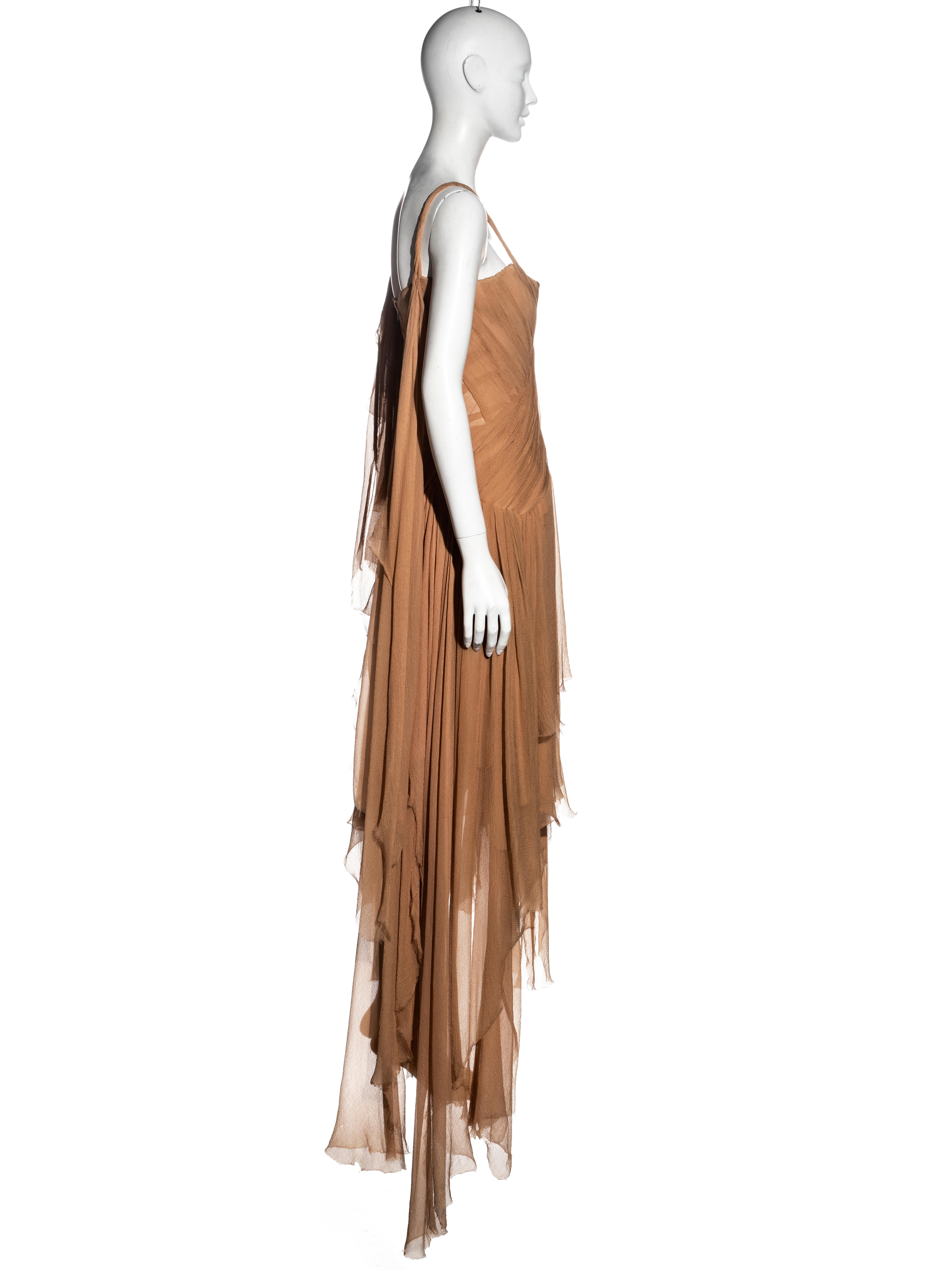 Brown Alexander McQueen nude silk chiffon shipwreck evening dress, ss 2003 For Sale
