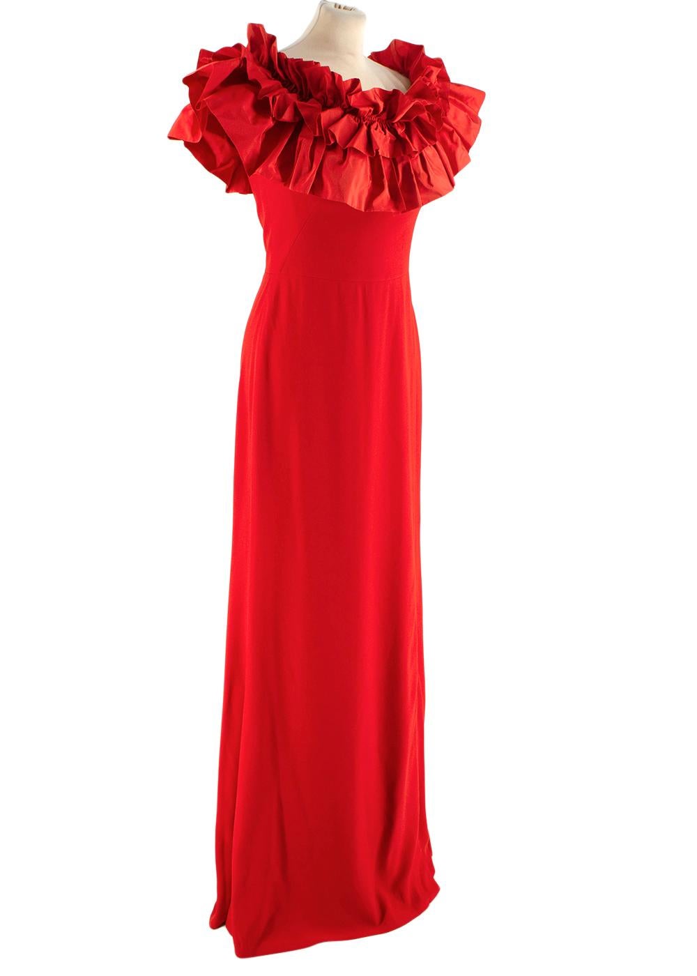 Alexander McQueen Red Off-Shoulder Ruffle Detail Gown

- Full-length dress
- Off-shoulder neck
- Large silk ruffle trim at the front and rear
- Short sleeves
- Fitted waist 
- Light boning
- Flared skirt
- Slit at front left sl
- Invisible zip at