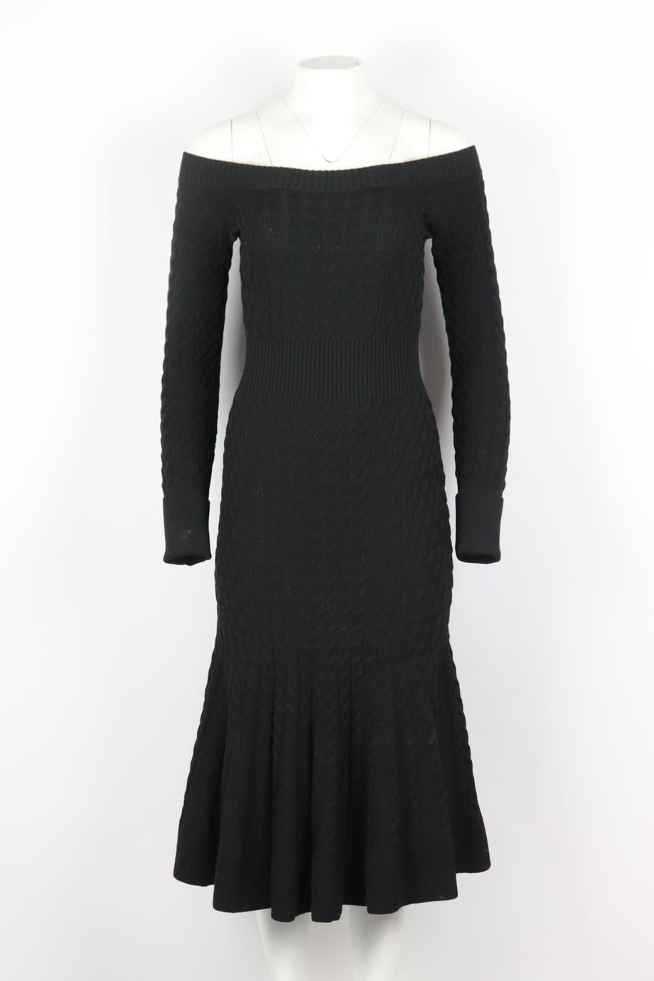 Alexander McQueen off the shoulder cable knit wool blend midi dress. Black. Long sleeve, off-the-shoulder. Slips on. 95% Wool, 5% polyester. Size: IT 42 (UK 10, US 6, FR 38). Bust: 30 in. Waist: 26 in. Hips: 31 in. Length: 42 in. Very good condition