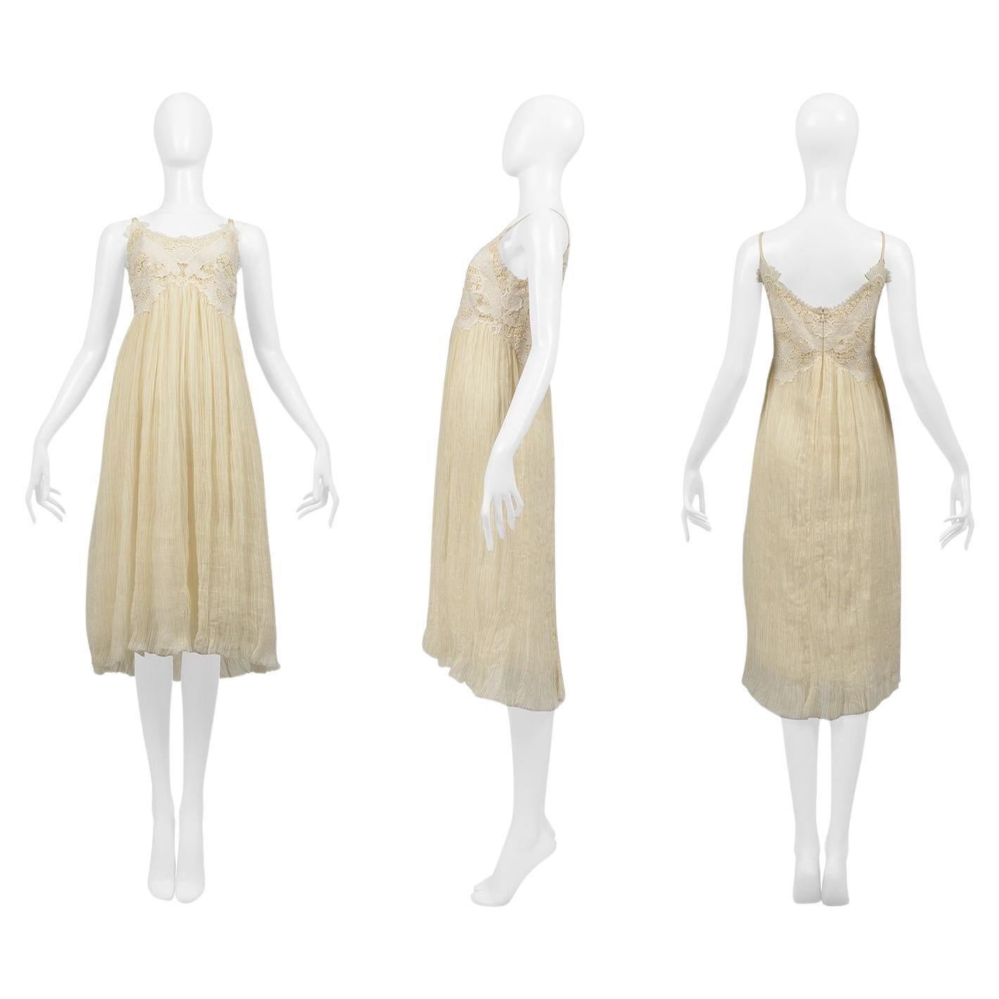 Alexander McQueen Off White Crinkle Dress W Lace Bodice 2005 7
