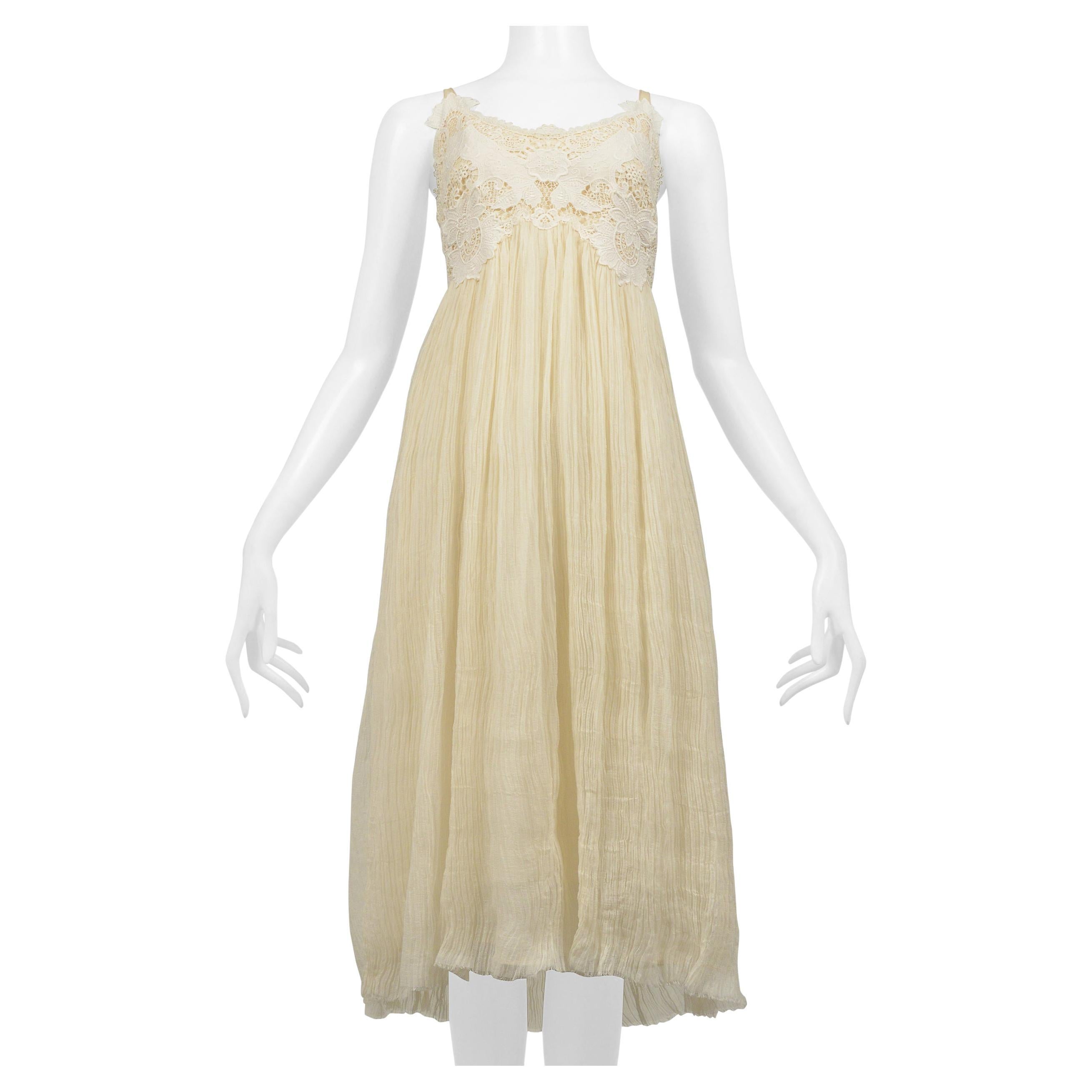 Alexander McQueen Off White Crinkle Dress W Lace Bodice 2005 For Sale