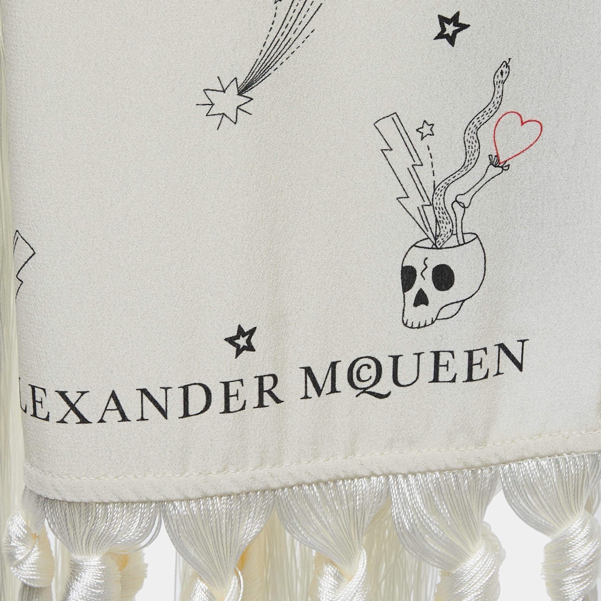 Women's Alexander McQueen Off White Party Skull Printed Silk Fringed Stole