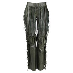 Alexander McQueen Olive Green Leather Fringe Pants – Early 2000s, IT 42