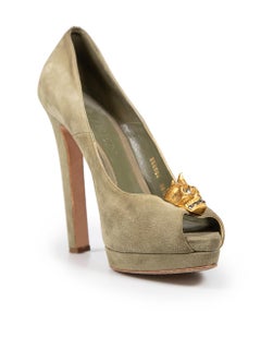 Alexander McQueen Olive Suede Embellished Skull Heels Size IT 38.5