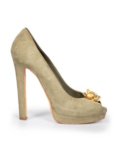 Alexander McQueen Olive Suede Embellished Skull Heels Size IT 38.5