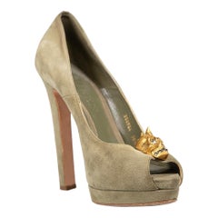 Alexander McQueen Olive Suede Embellished Skull Heels Size IT 38.5