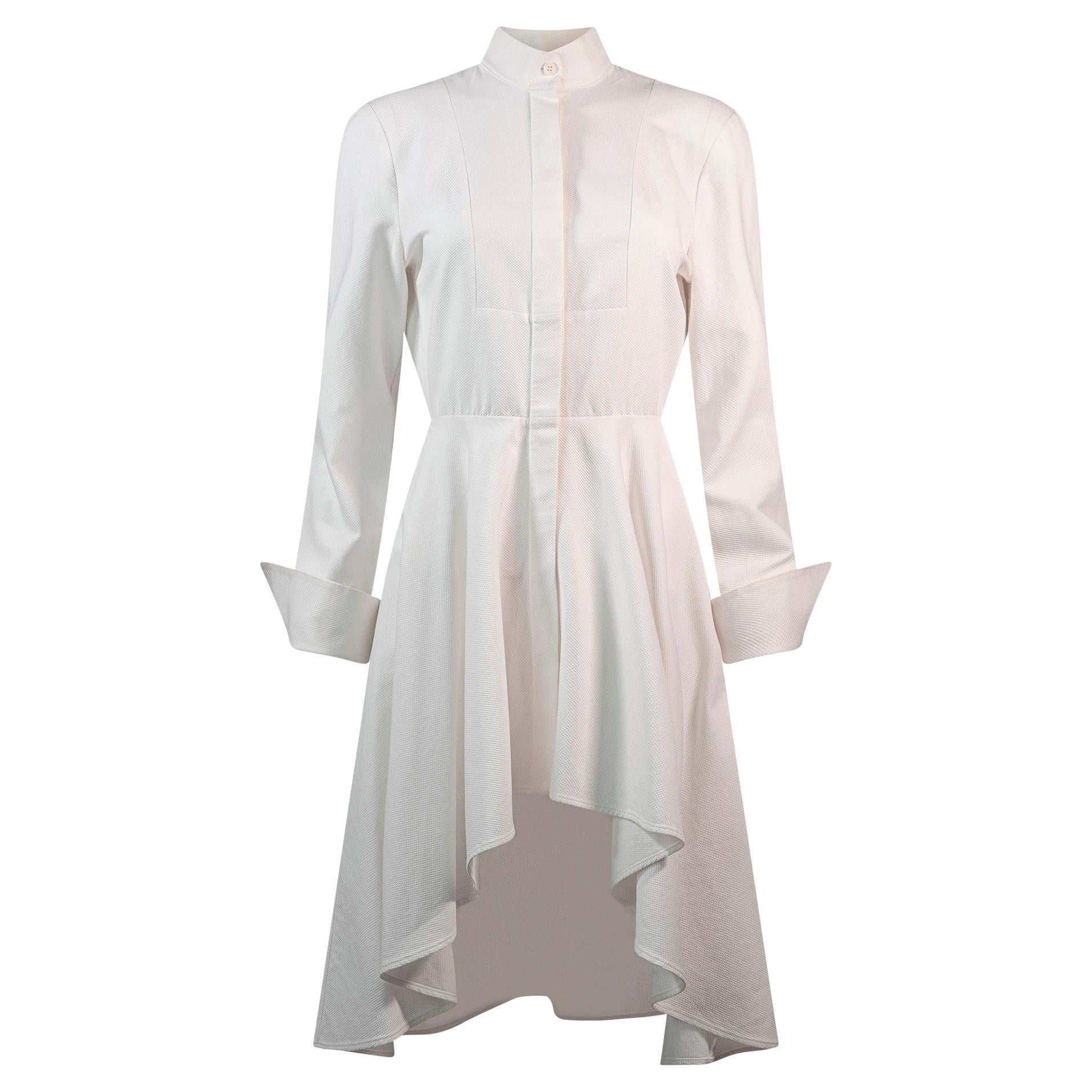 ALEXANDER MCQUEEN Optical White Cotton Shirt Dress With Dramatic Feminine Skirt