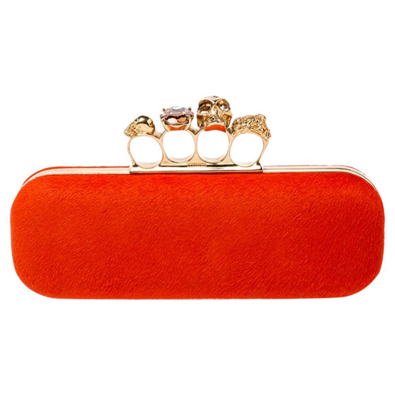 Alexander McQueen Orange Calfhair Skull Knuckle Box Clutch