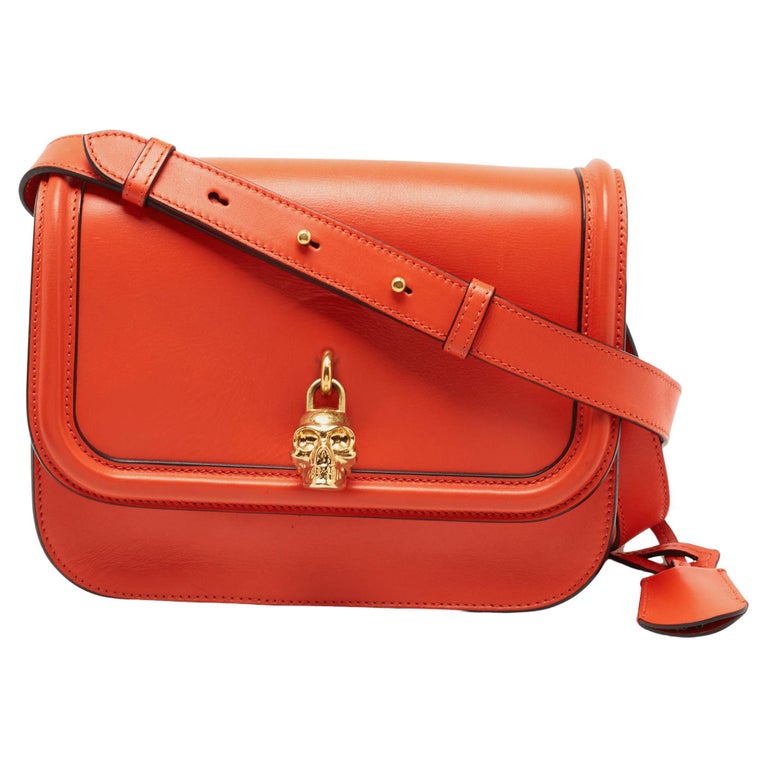 Alexander McQueen Orange Leather Skull Padlock Shoulder Bag For Sale at