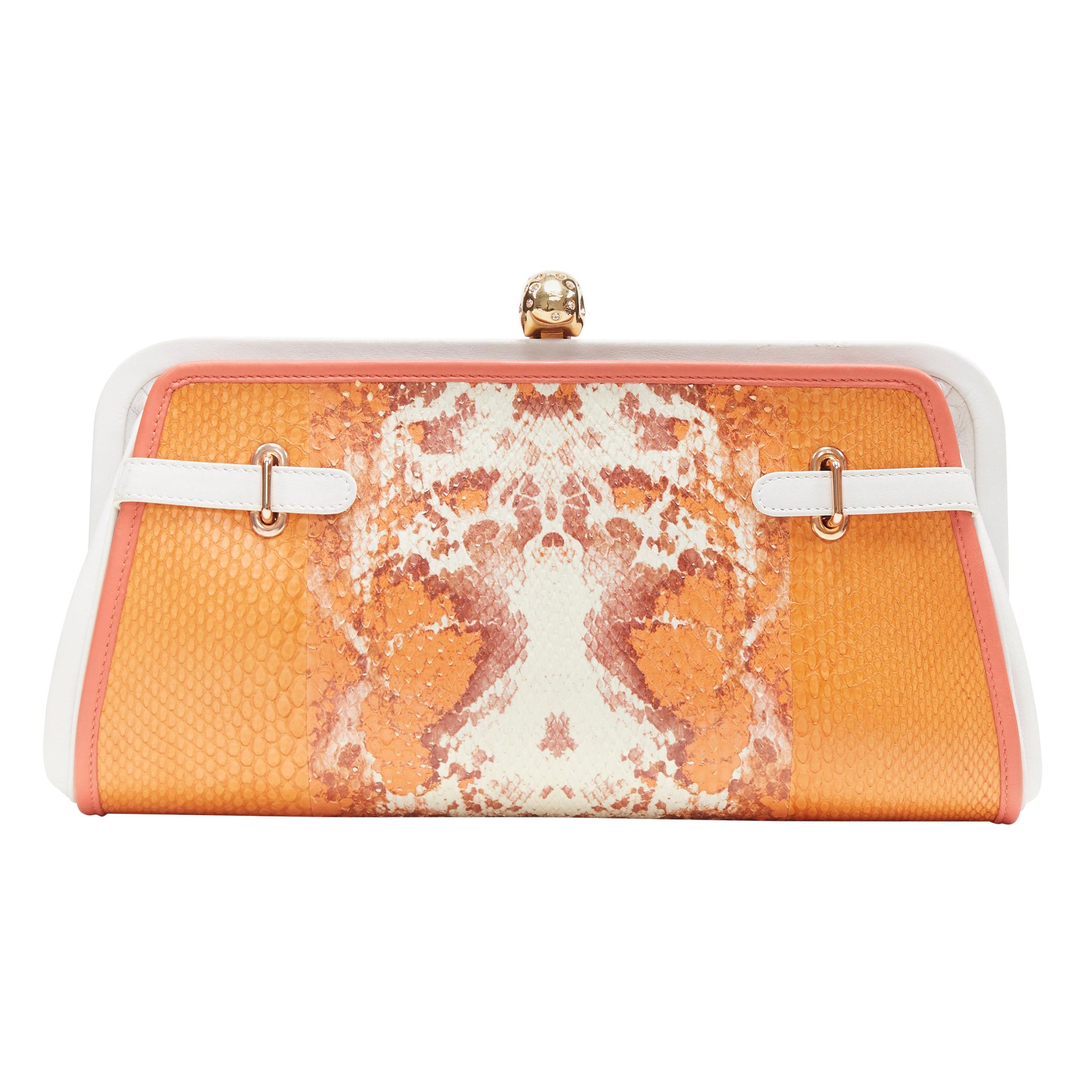 ALEXANDER MCQUEEN orange printed scaled leather gold crystal skull clutch bag