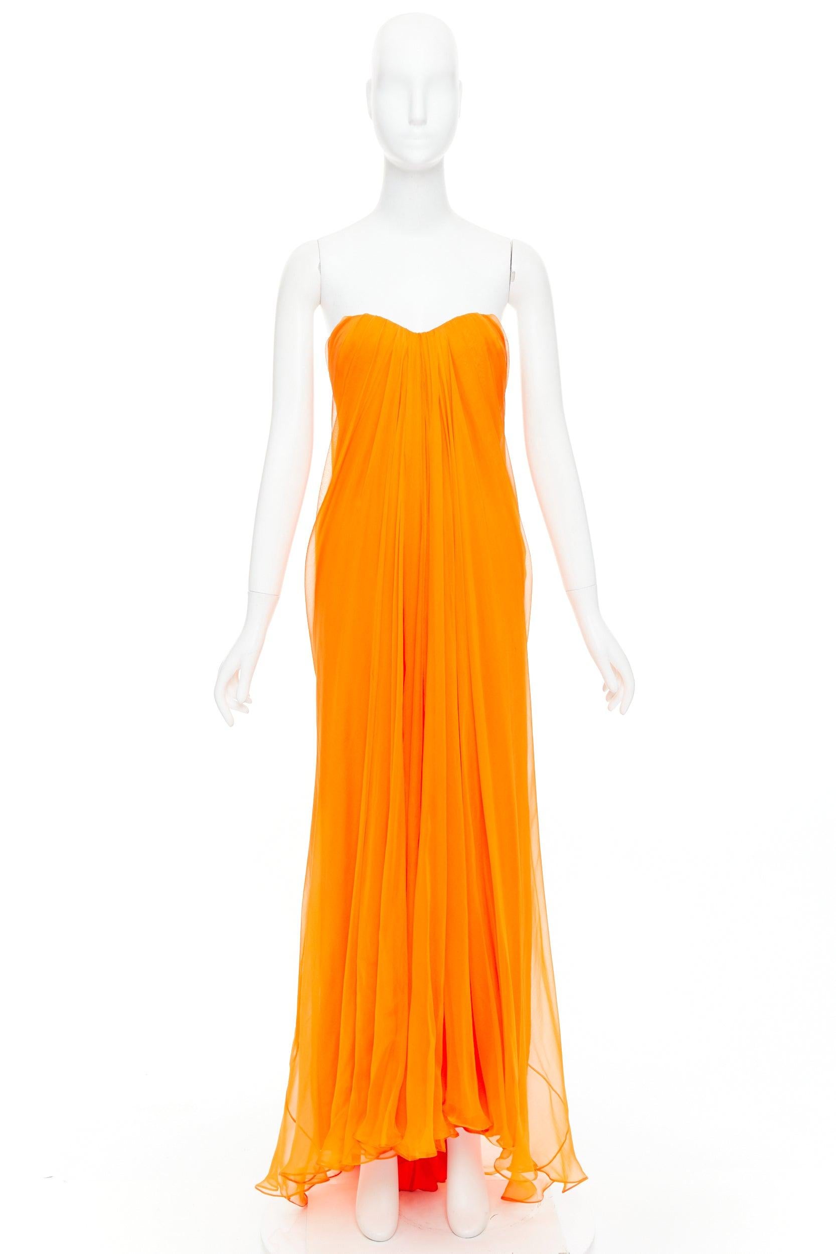 ALEXANDER MCQUEEN orange silk crepe strapless evening gown IT38 XS en venta 5
