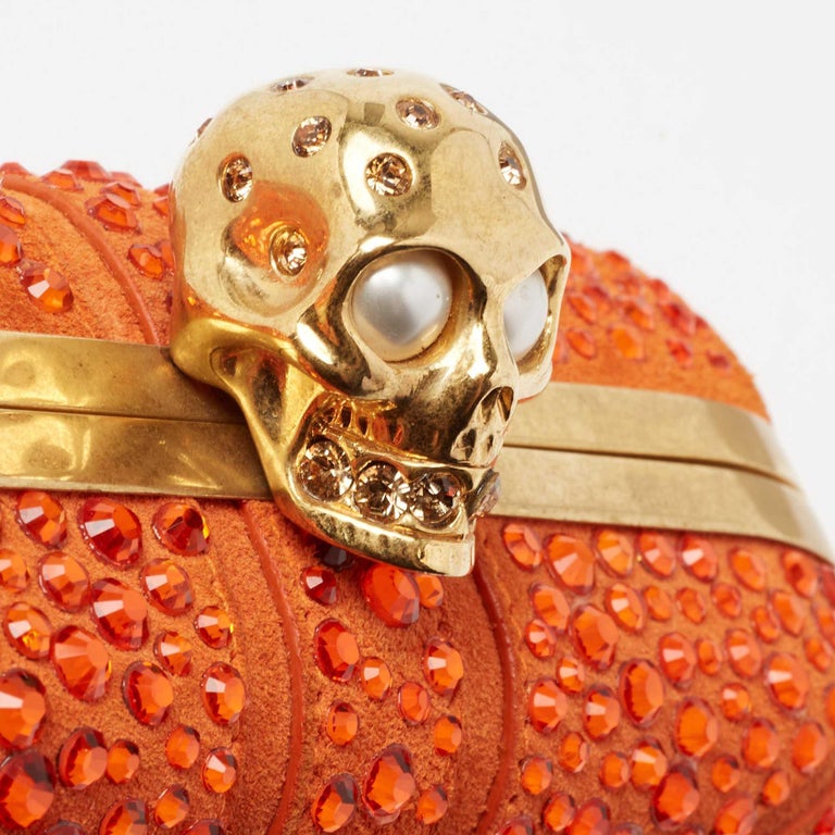 Alexander McQueen Orange Suede Crystal Britannia Skull Box Clutch For