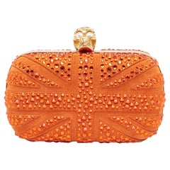 Alexander McQueen Orange Suede Crystal Britannia Skull Box Clutch