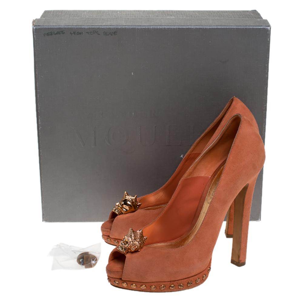 Alexander McQueen Orange Suede Shell Skull Peep Toe Platform Pumps Size 38 3