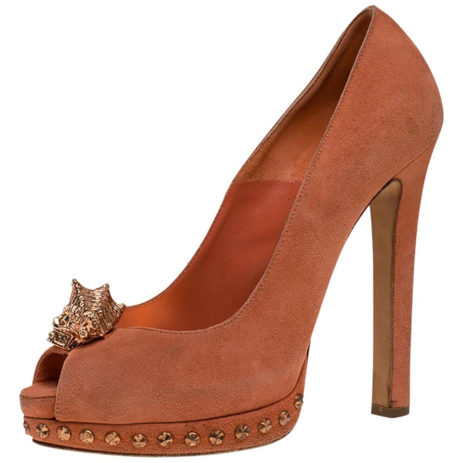 Alexander McQueen Orange Suede Shell Skull Peep Toe Platform Pumps Size 38