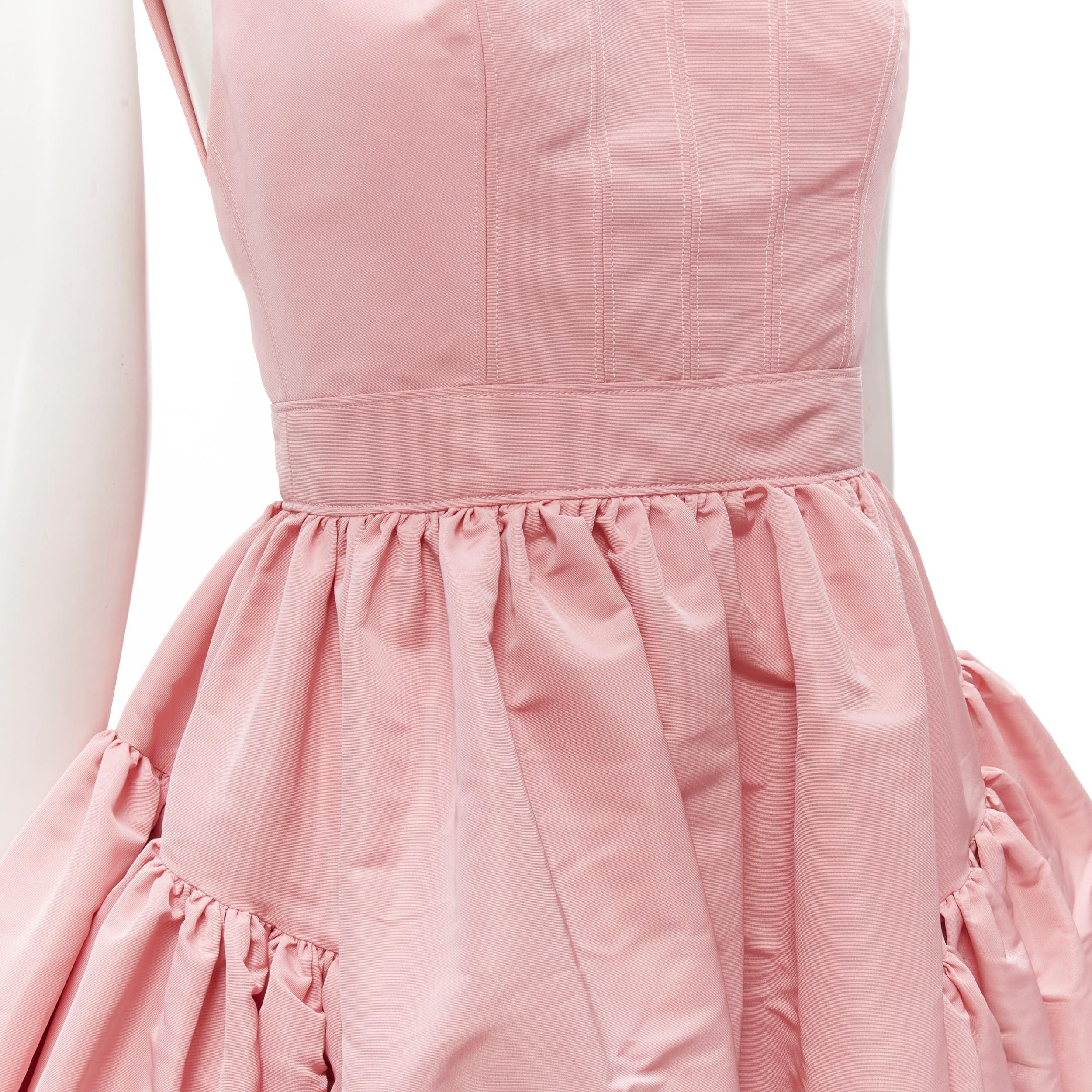 ALEXANDER MCQUEEN pastel pink taffeta puff skirt midi gown dress IT36 XS
Brand: Alexander McQueen
Collection: 2021 
Material: Polyester
Color: Pink
Pattern: Solid
Closure: Zip
Extra Detail: Scoop neckline. Corset seams at bust. Fitted waist. Flared