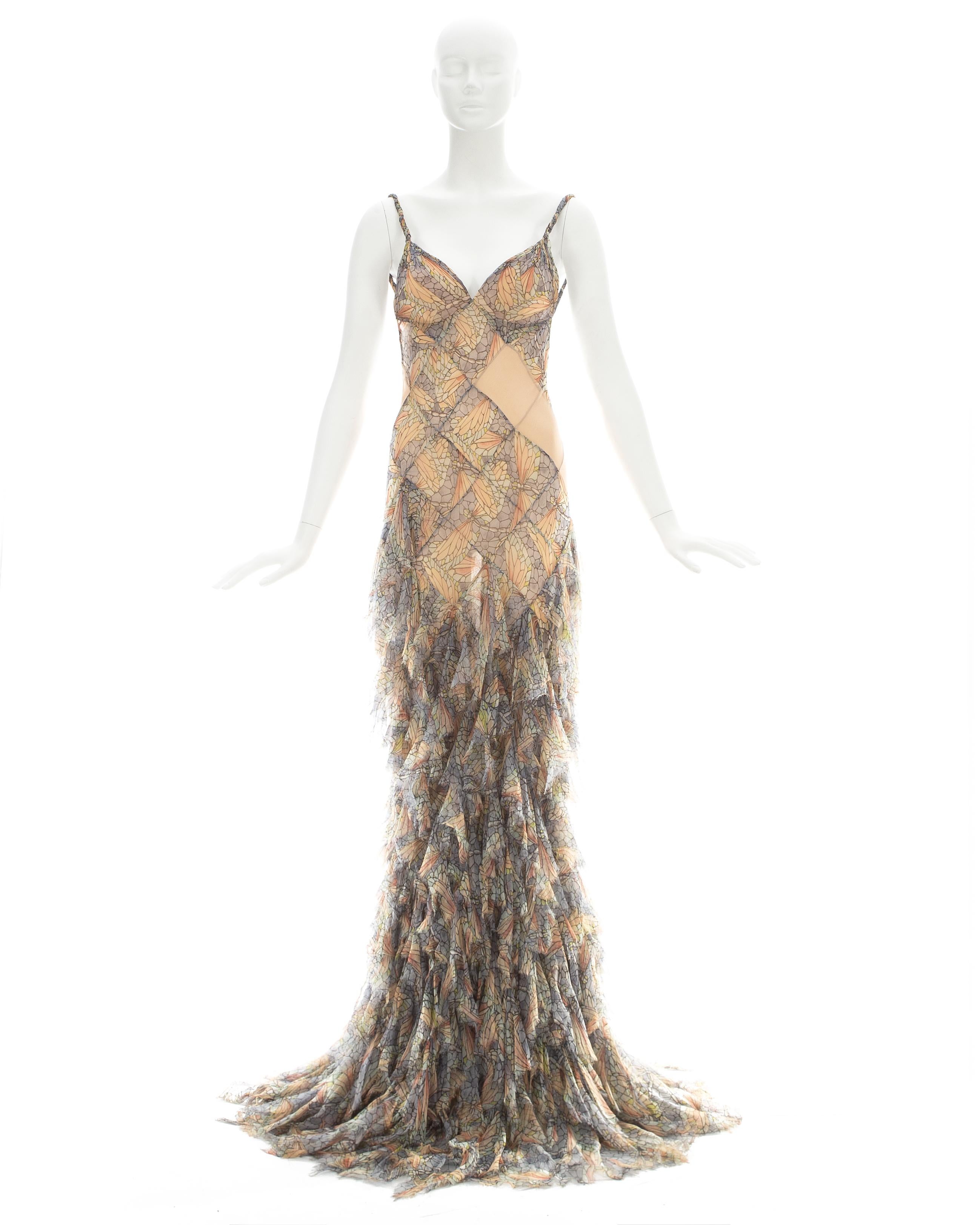Alexander McQueen; Silk chiffon patchwork evening dress in a pastel mosaic print with built-in bra cups and frayed ruffled skirt 

Spring-Summer 2004