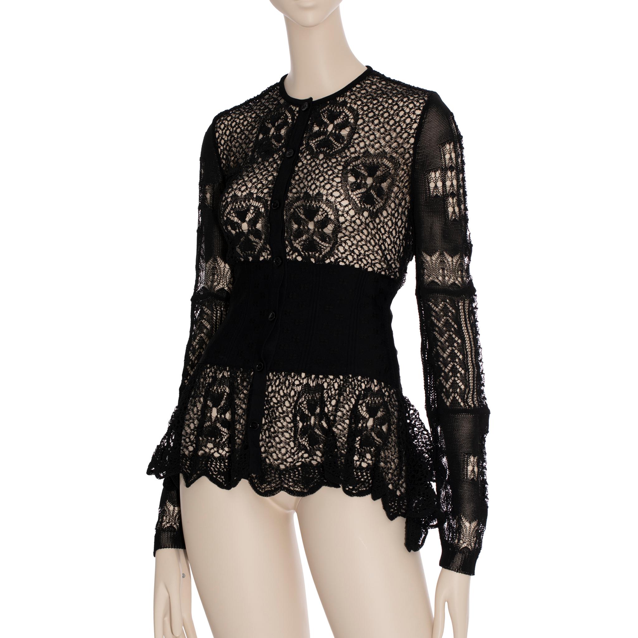 Alexander McQueen Patchwork Lace Peplum Cardigan in Black Small In New Condition For Sale In DOUBLE BAY, NSW