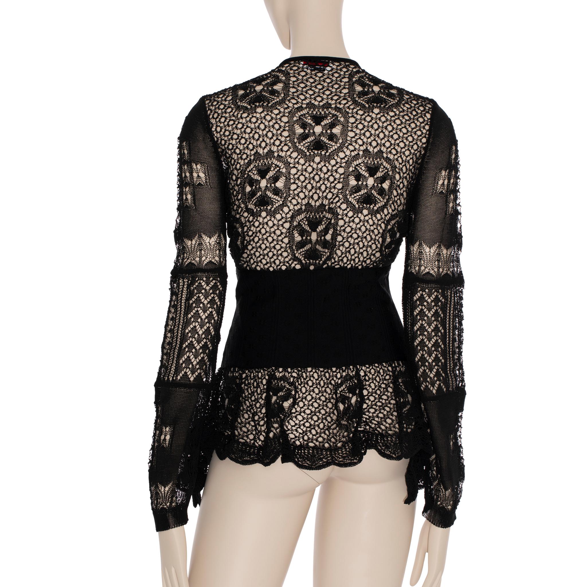 Women's Alexander McQueen Patchwork Lace Peplum Cardigan in Black Small For Sale