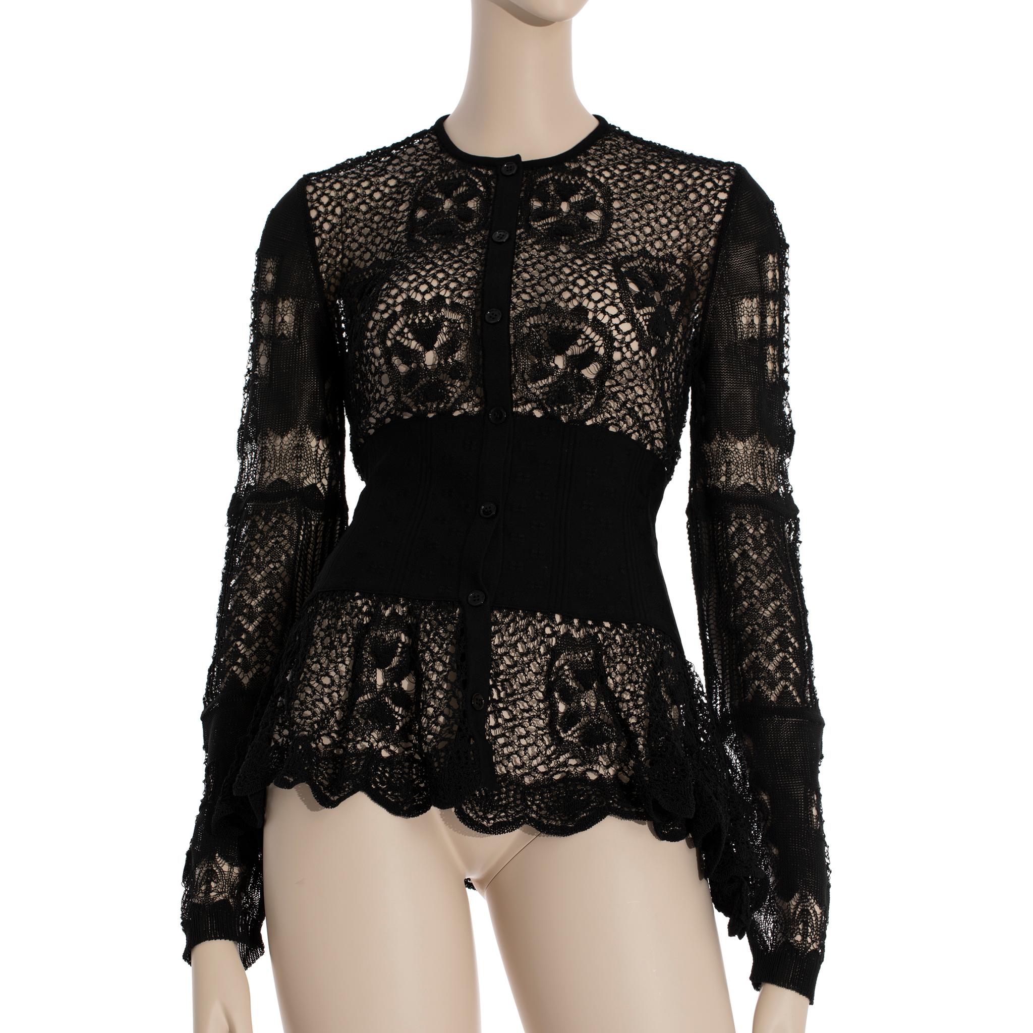 Alexander McQueen Patchwork Lace Peplum Cardigan in Black Small For Sale 2