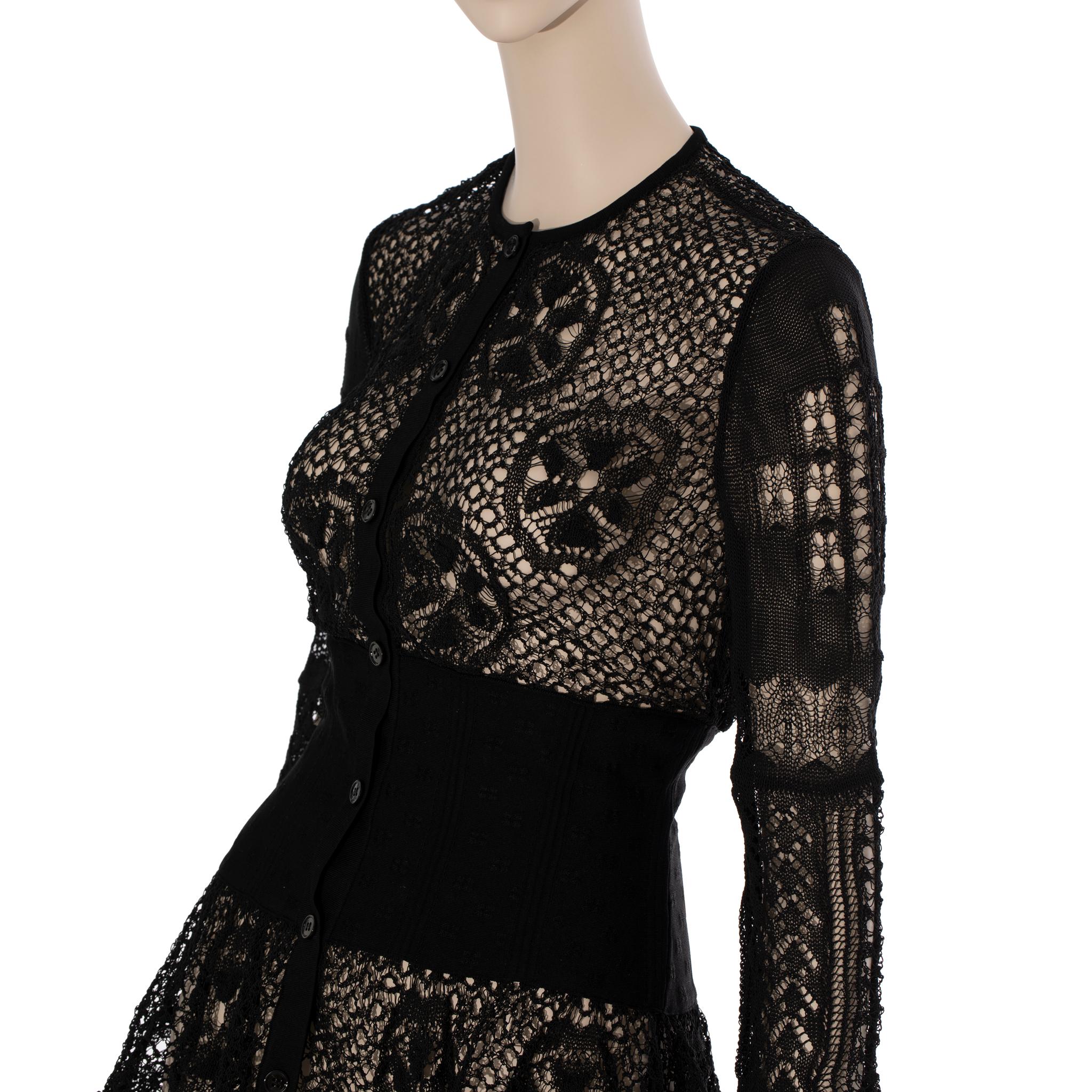 Alexander McQueen Patchwork Lace Peplum Cardigan in Black Small For Sale 3