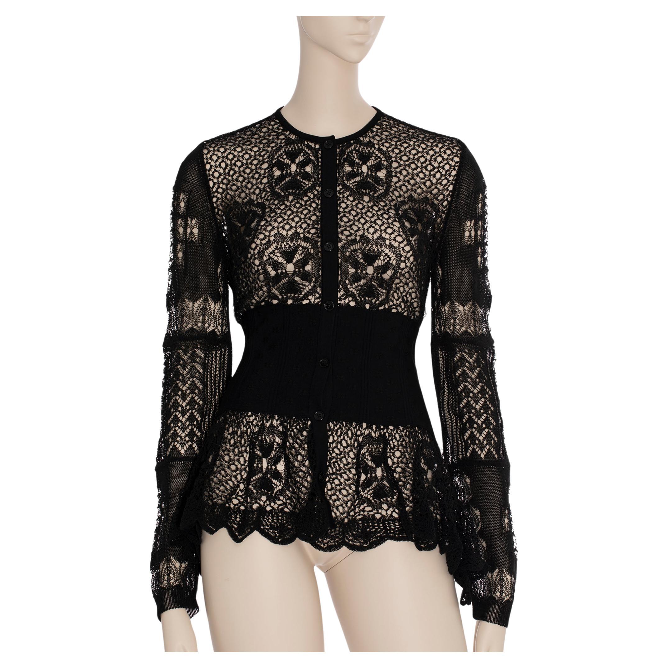 Alexander McQueen Patchwork Lace Peplum Cardigan in Black Small For Sale