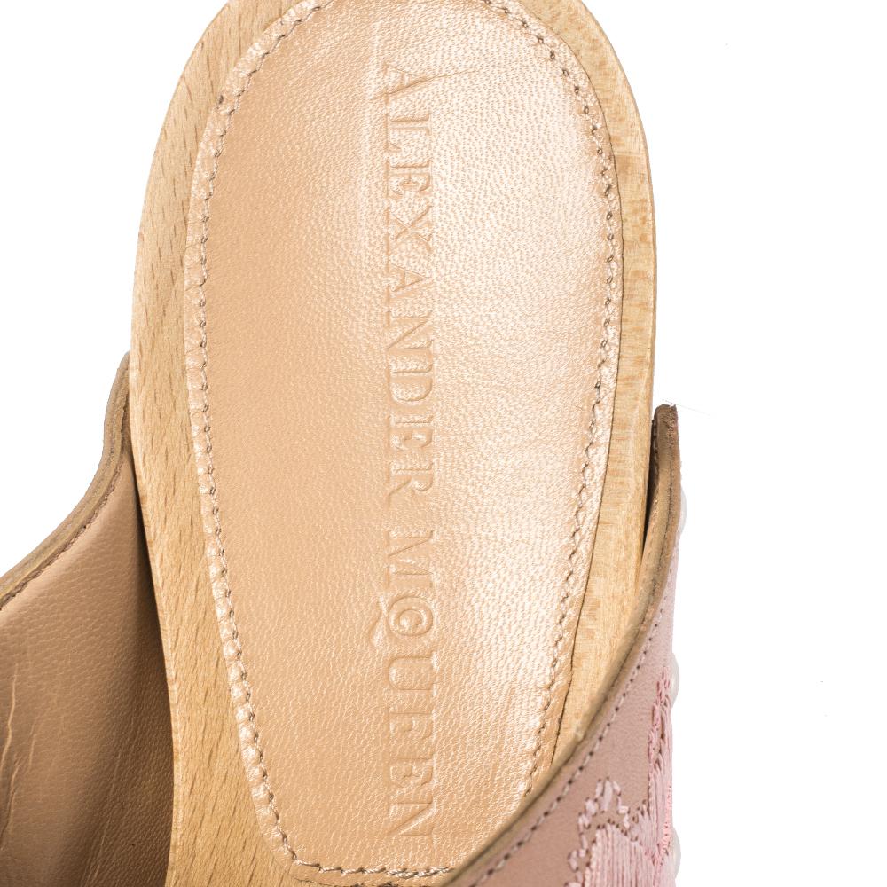 Beige Alexander McQueen Peach Leather Embroidered Wooden Clogs Size 36