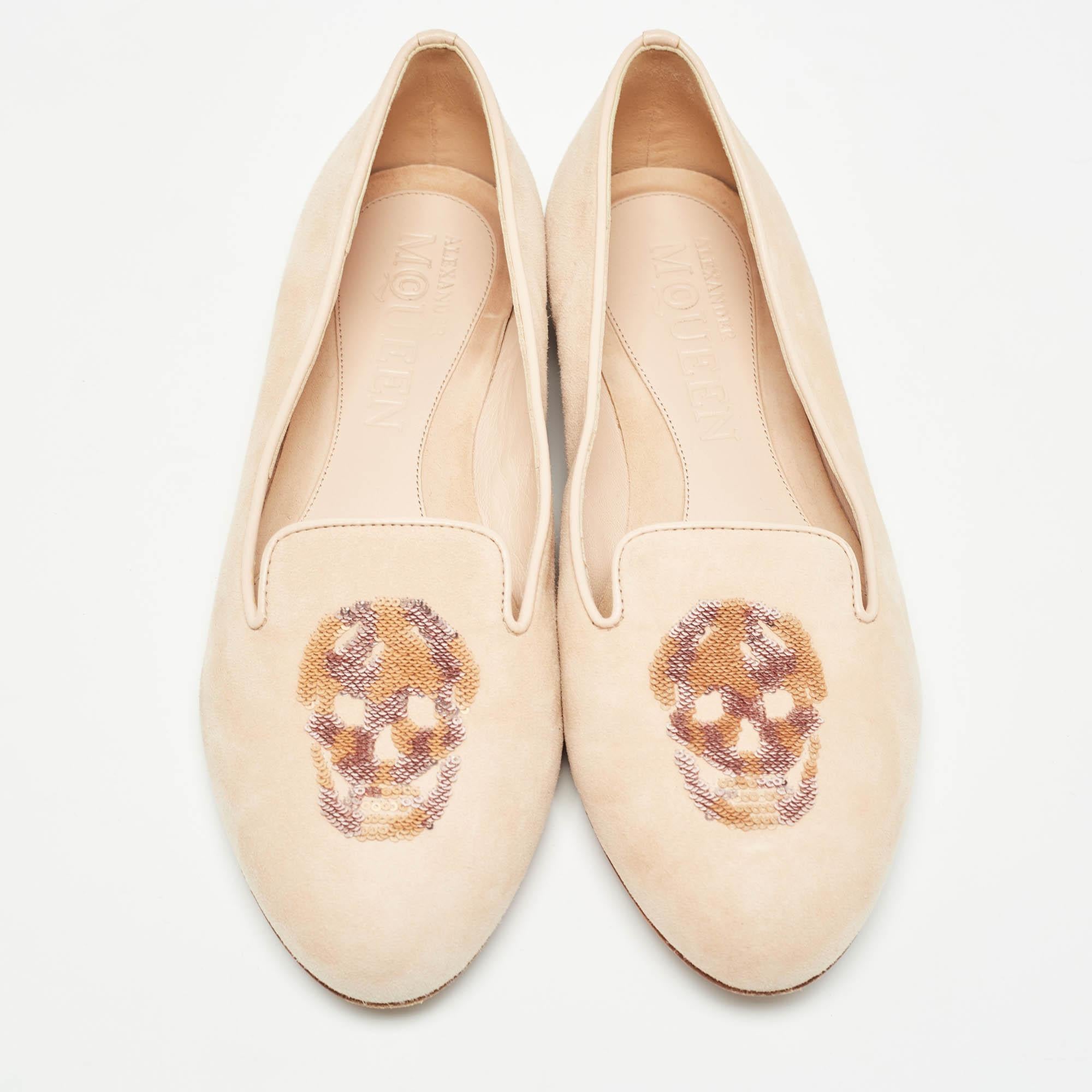 Beige Alexander McQueen Peach Suede Skull Embroidered Smoking Slippers Size 36