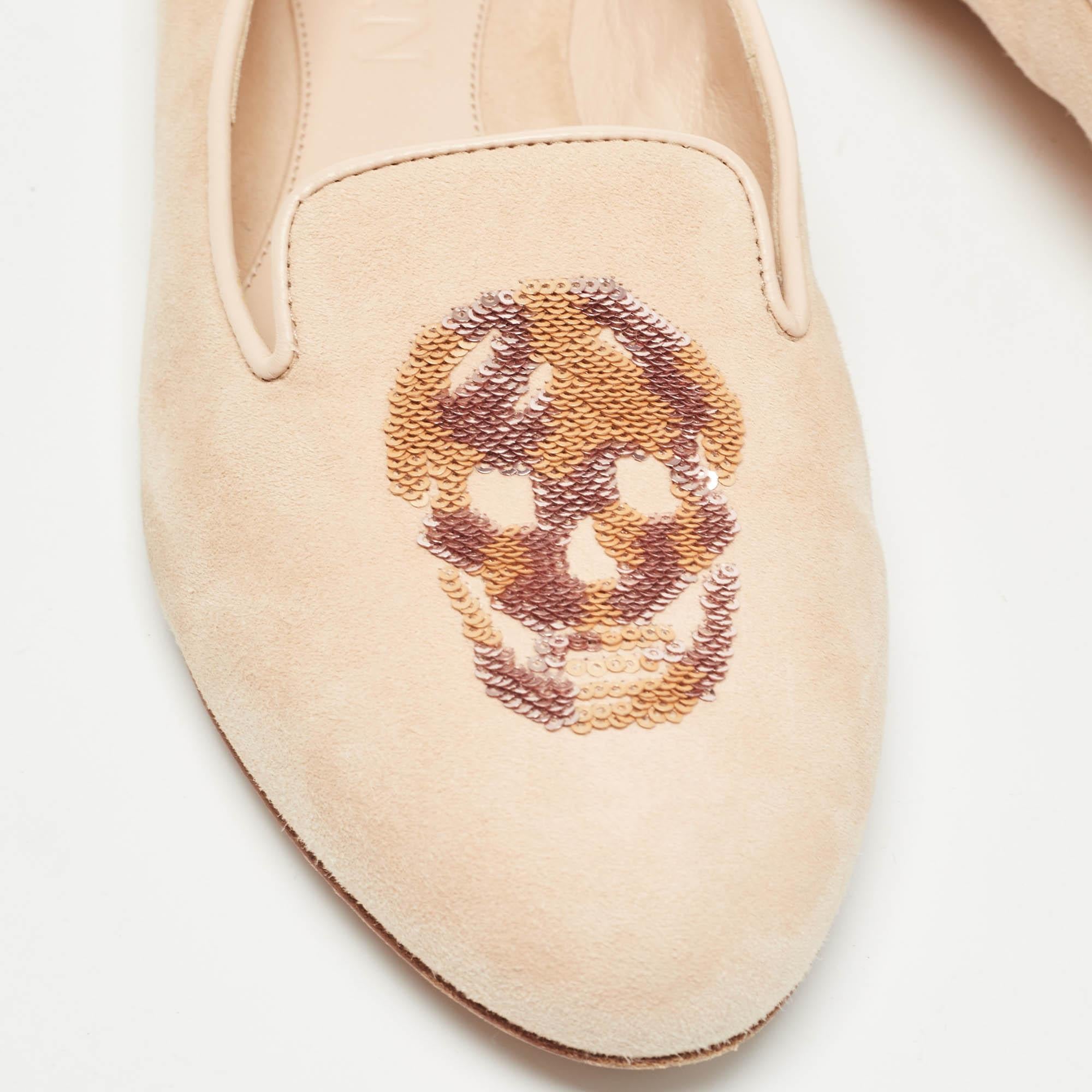 Alexander McQueen Peach Suede Skull Embroidered Smoking Slippers Size 36 3
