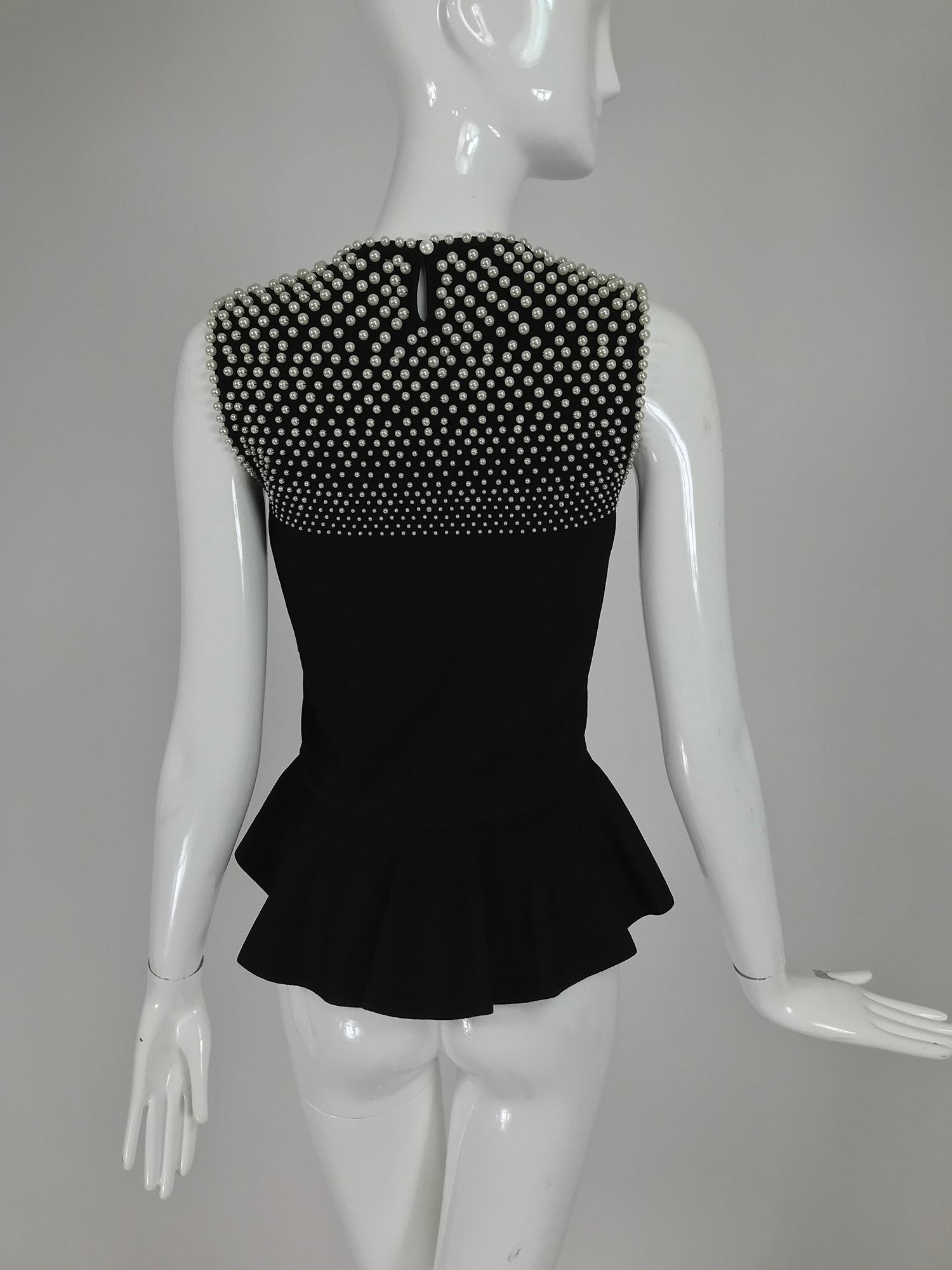 Alexander McQueen Pearl Bodice Sleeveless Peplum Top in Black In Excellent Condition In West Palm Beach, FL