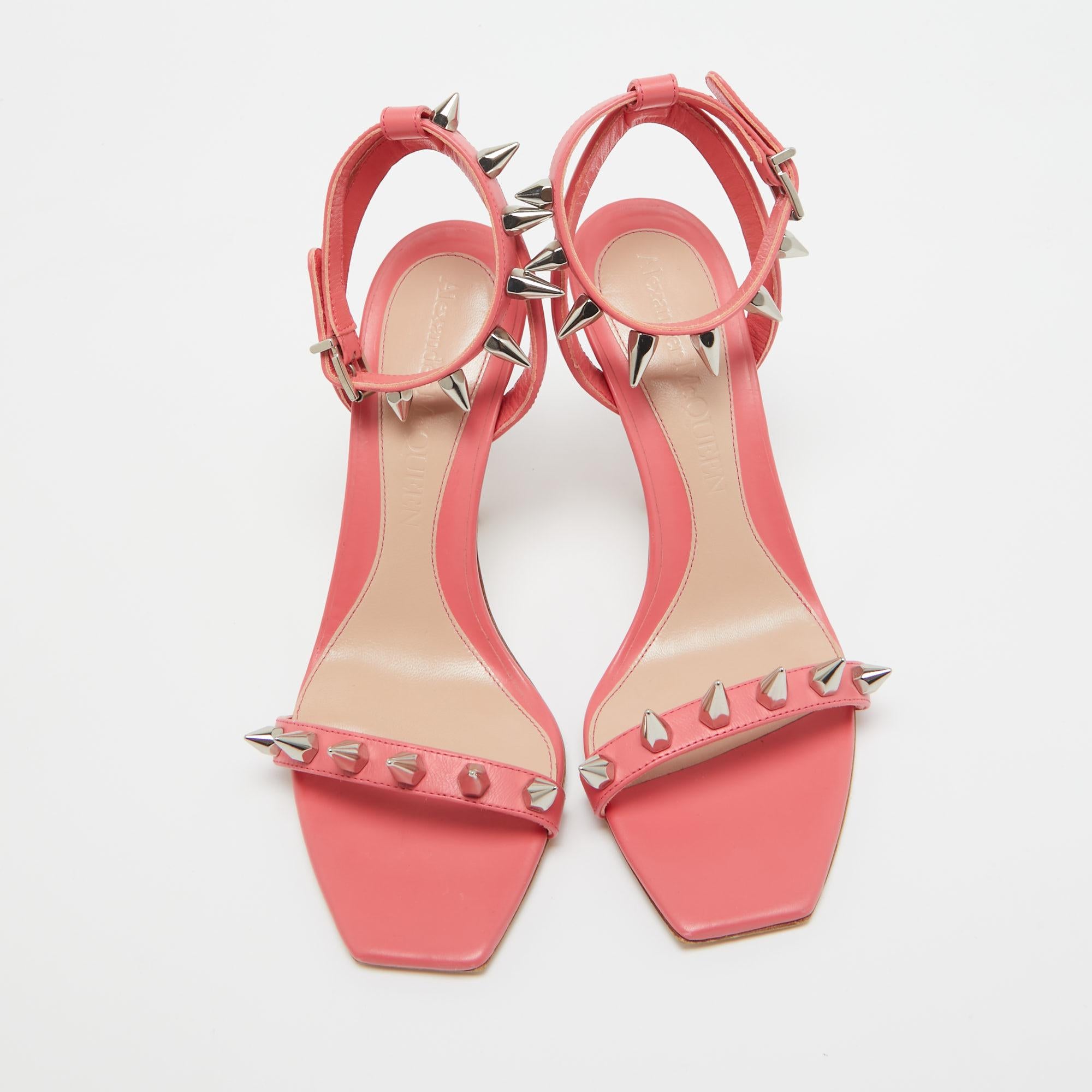 Alexander McQueen Pink Leather Spike Ankle Strap Sandals Size 36.5 For Sale 1