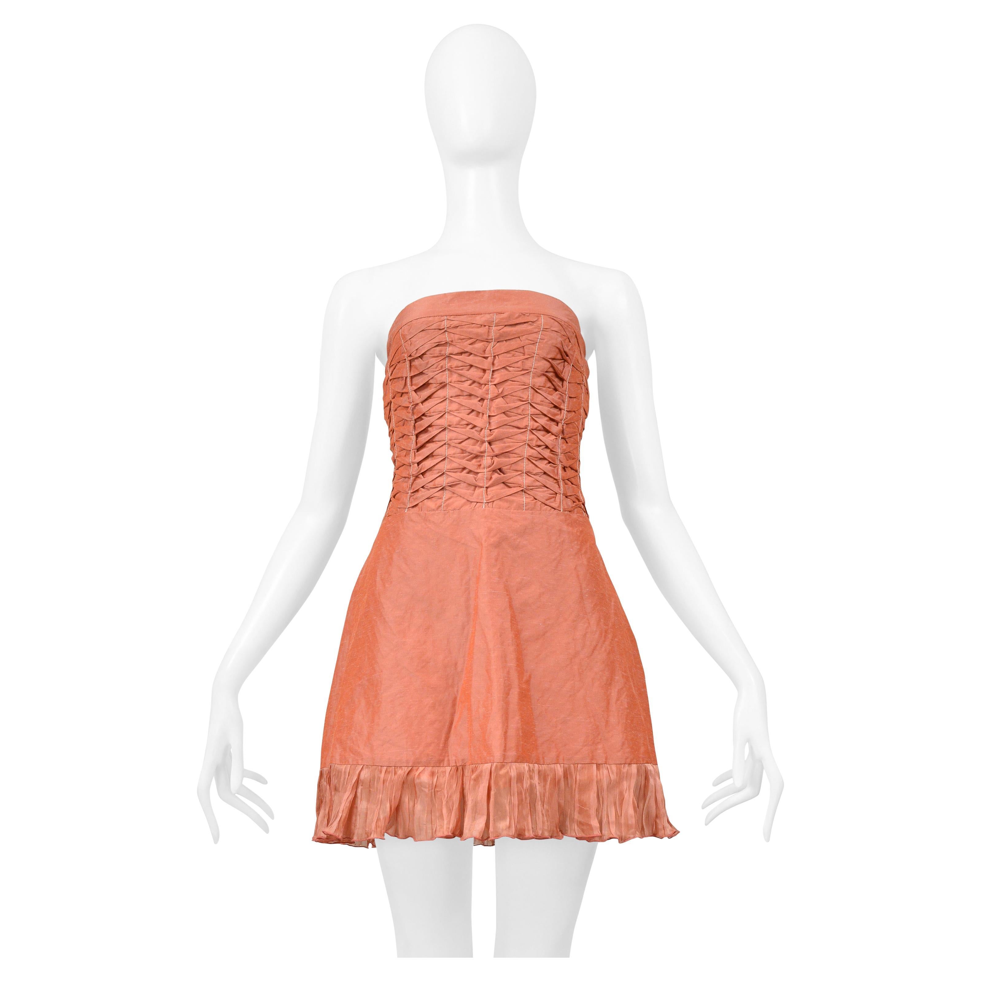 Alexander Mcqueen Pink Pleated Strapless Dress With Ruffle 1990S For Sale