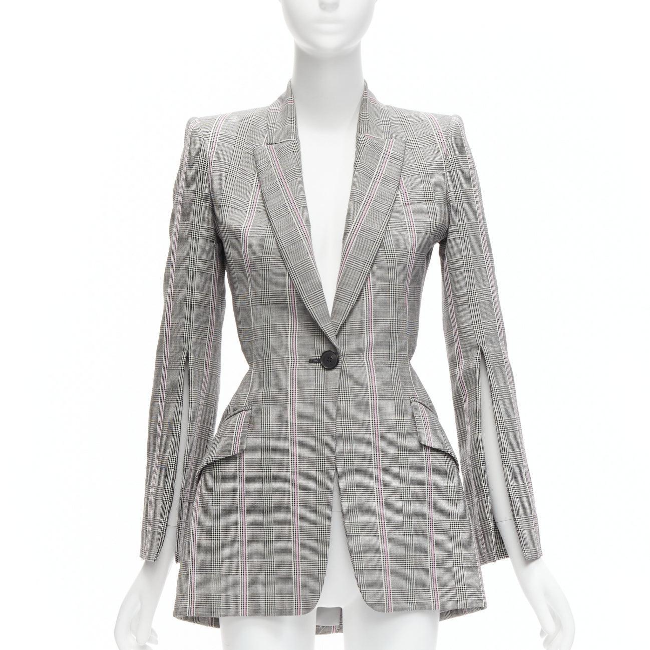 ALEXANDER MCQUEEN pink Prince Of Wales virgin wool cut out waist blazer IT38 XS In Excellent Condition In Hong Kong, NT