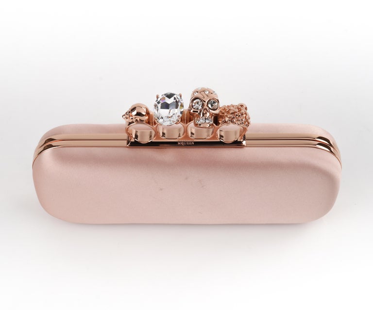 ALEXANDER McQUEEN Pink Satin Rose Gold Crystal Skull Knuckle Ring Duster  Clutch