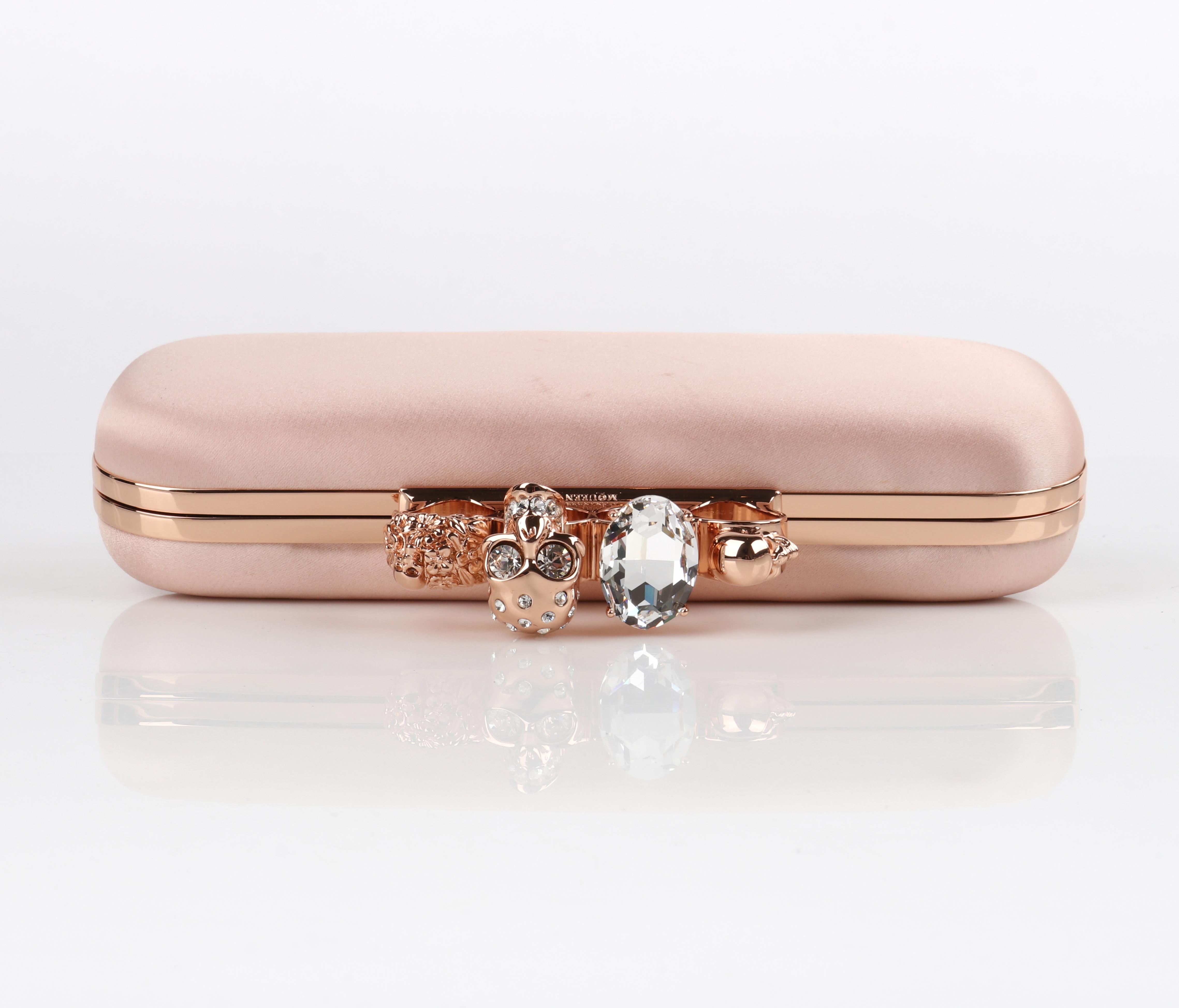 ALEXANDER McQUEEN Pink Satin Rose Gold Crystal Skull Knuckle Ring Duster Clutch In Good Condition In Thiensville, WI
