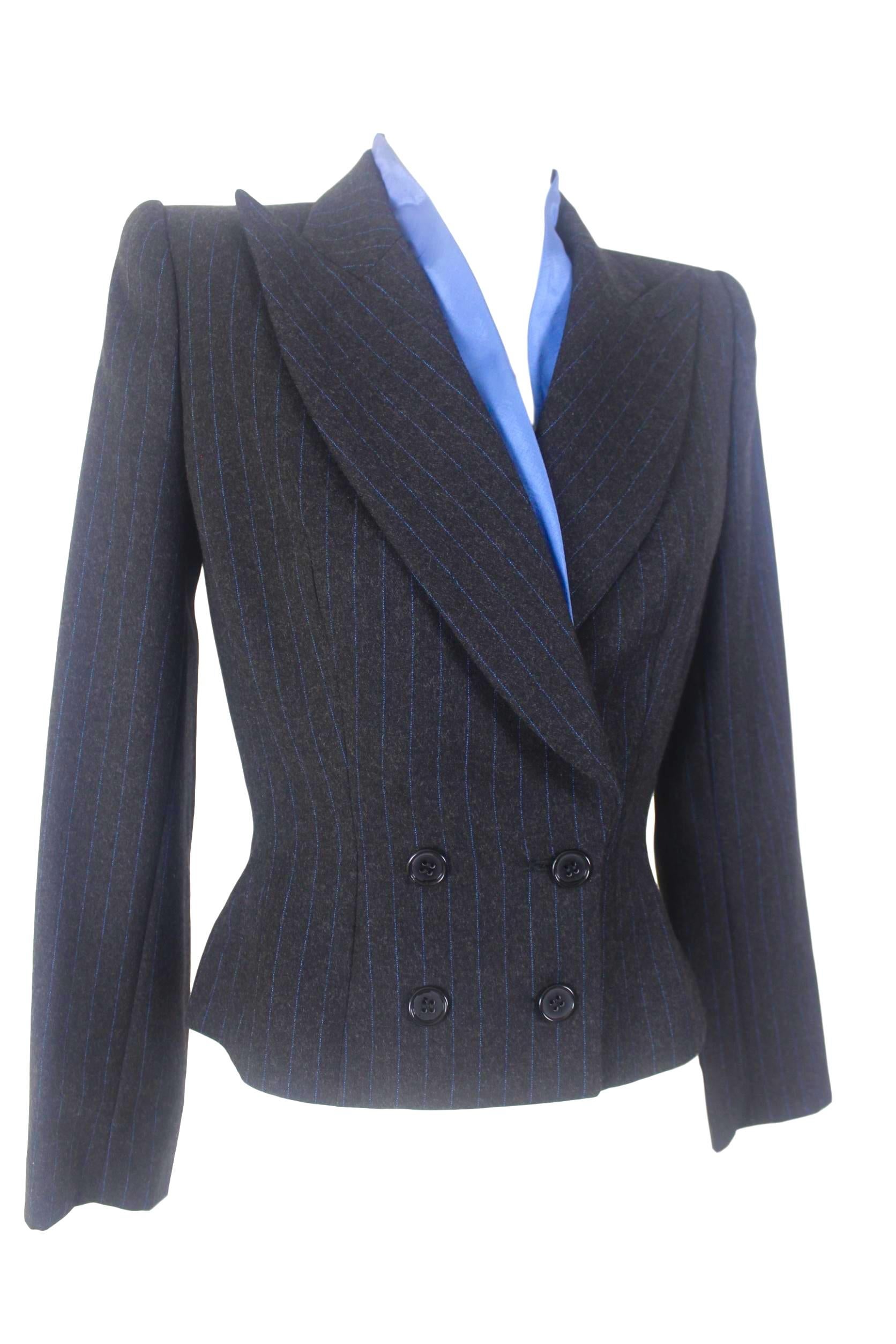 Black Alexander McQueen Pinstripe Blue Satin Lined Suit Fall 1997 Collection