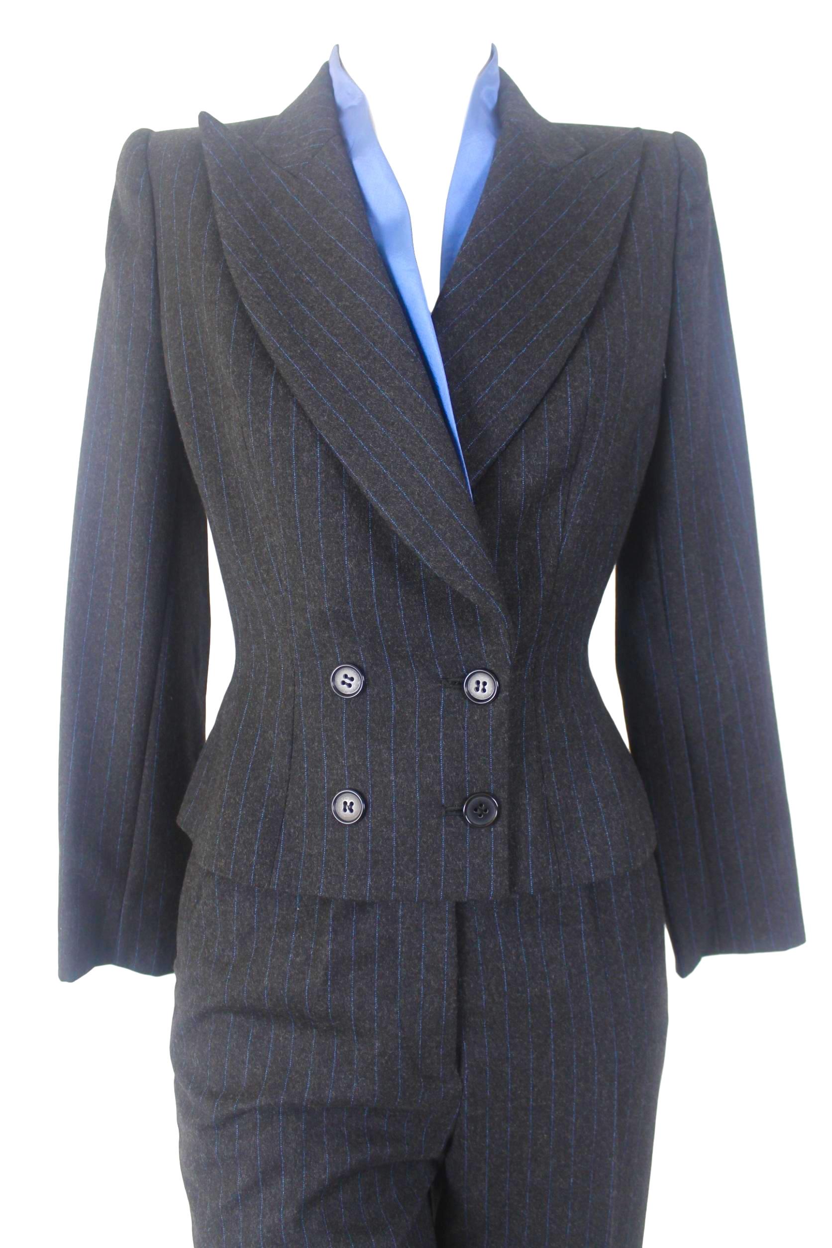 Women's or Men's Alexander McQueen Pinstripe Blue Satin Lined Suit Fall 1997 Collection