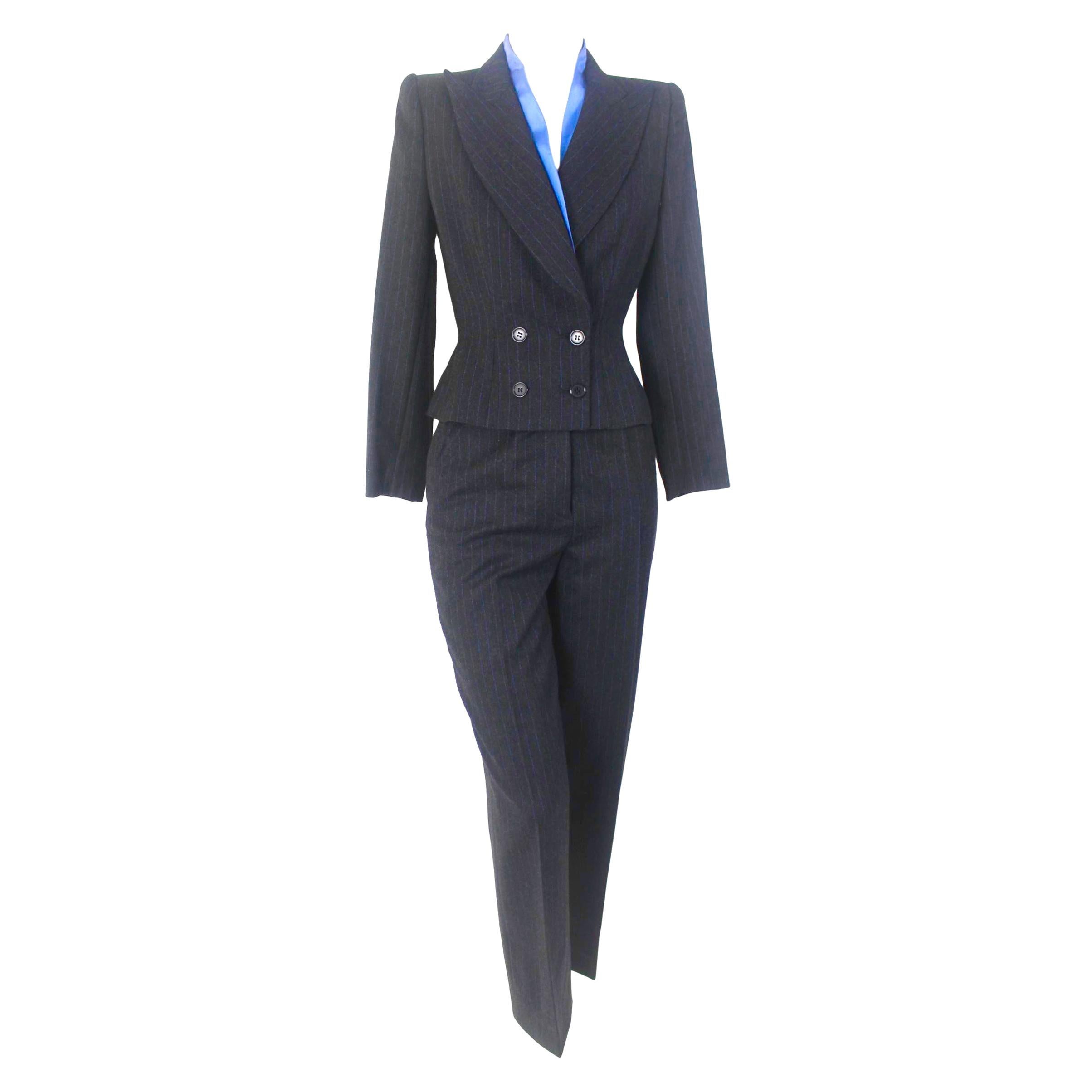 Alexander McQueen Pinstripe Blue Satin Lined Suit Fall 1997 Collection