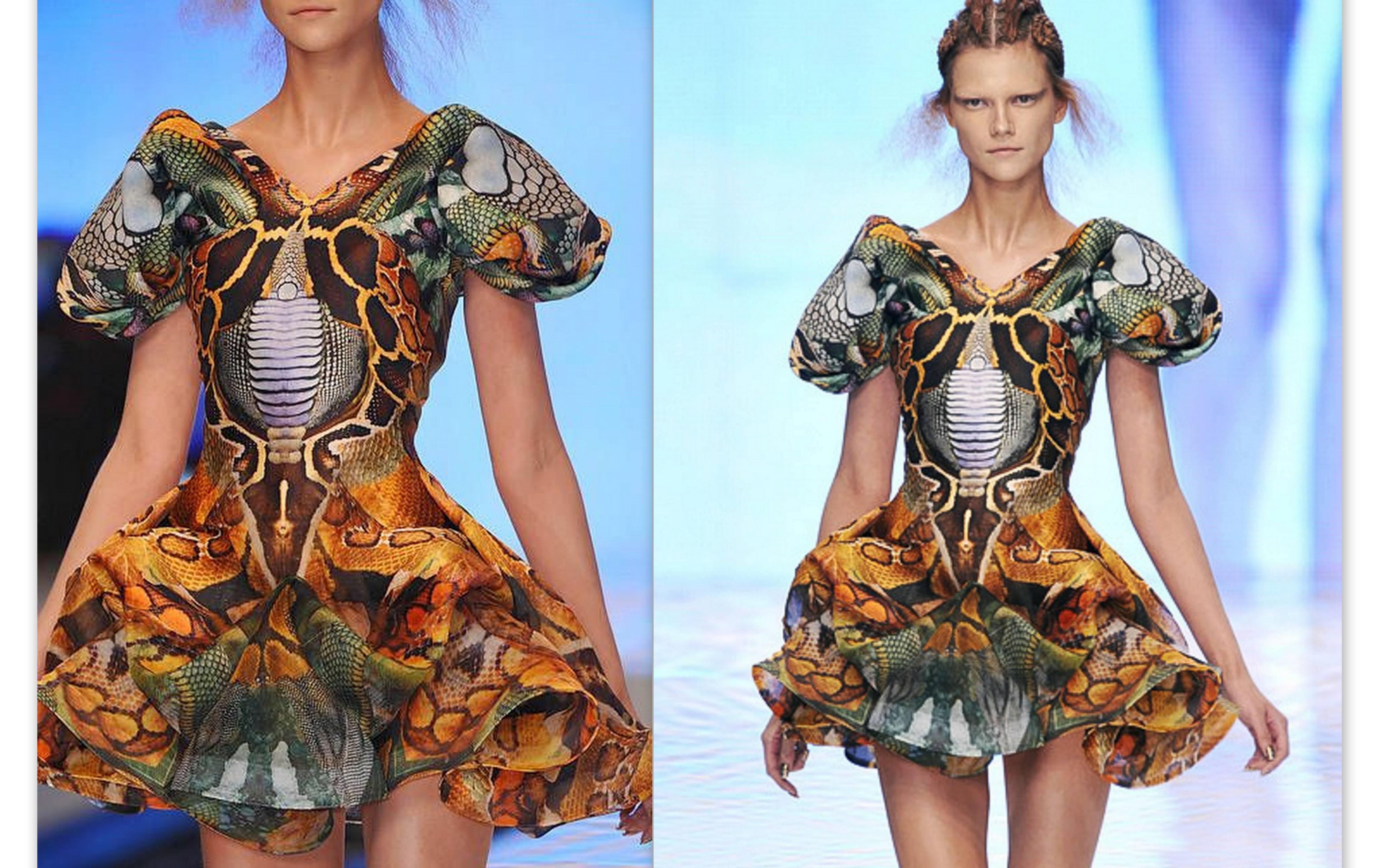 Alexander McQueen 'Plato's Atlantis' collection snakeskin printed organza dress
Spring-Summer, 2010  with python-like photo-collage print in brilliant colors, internal flesh colored boned corset-like bodice

McQueen said of this collection that it