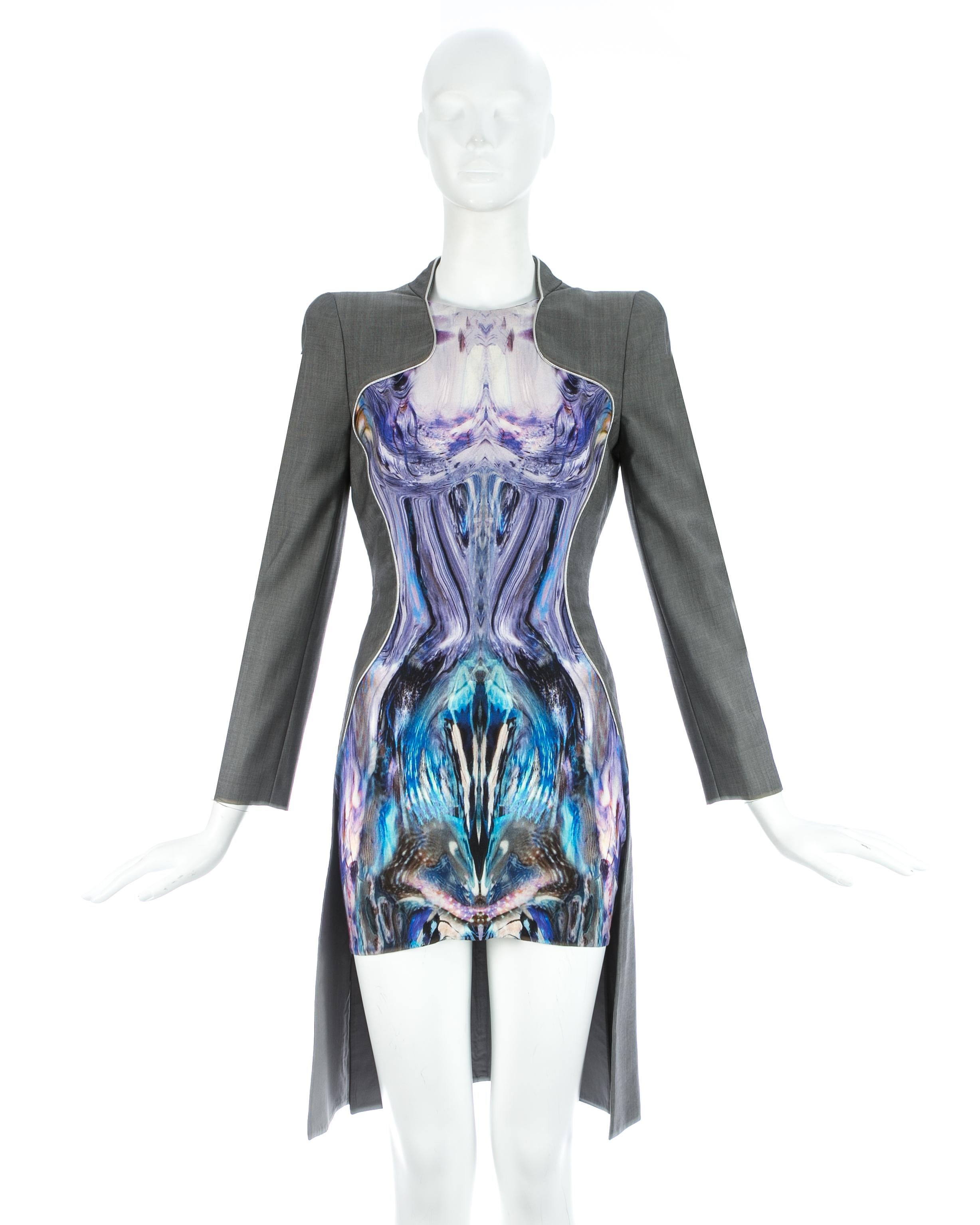 Alexander McQueen; Grey wool dress with coat-like body cut away at the front with futuristic digitally printed jersey insertion. 

'Plato's Atlantis' Spring-Summer 2010 

*This was Alexander McQueens last collection before this death 