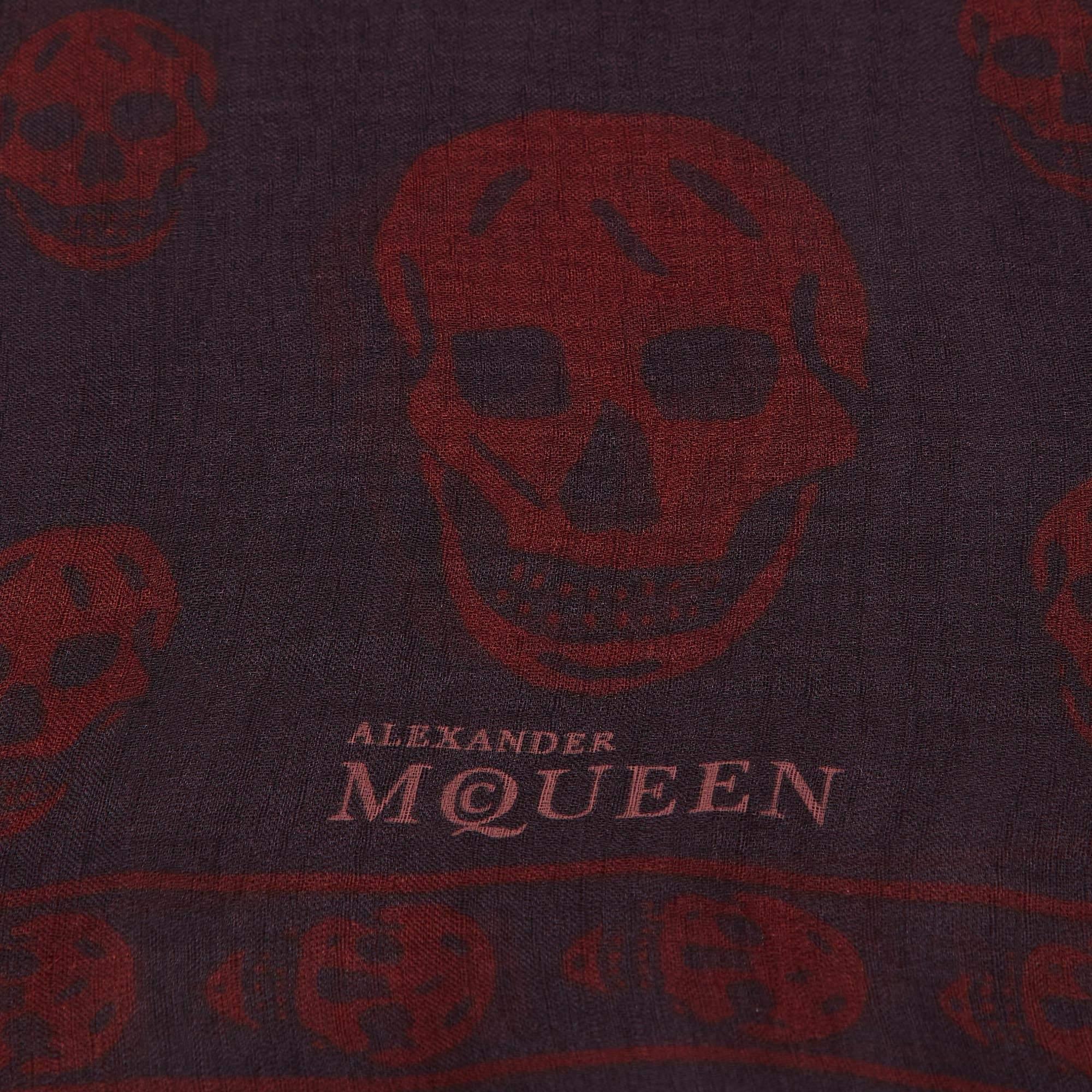 Black Alexander McQueen Plum Purple Skull Print Silk Scarf