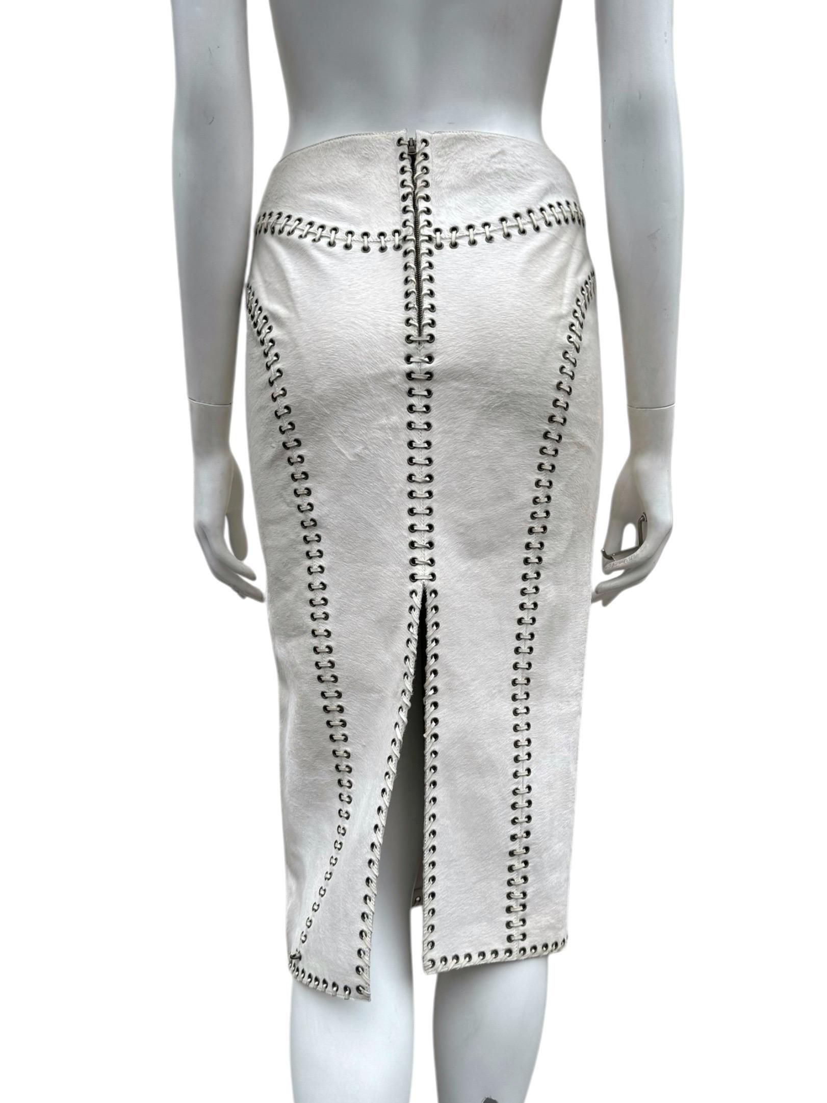 Gray ALEXANDER MCQUEEN Pre-Fall 2010 WHITE PONY HAIR LACE-UP MIDI SKIRT