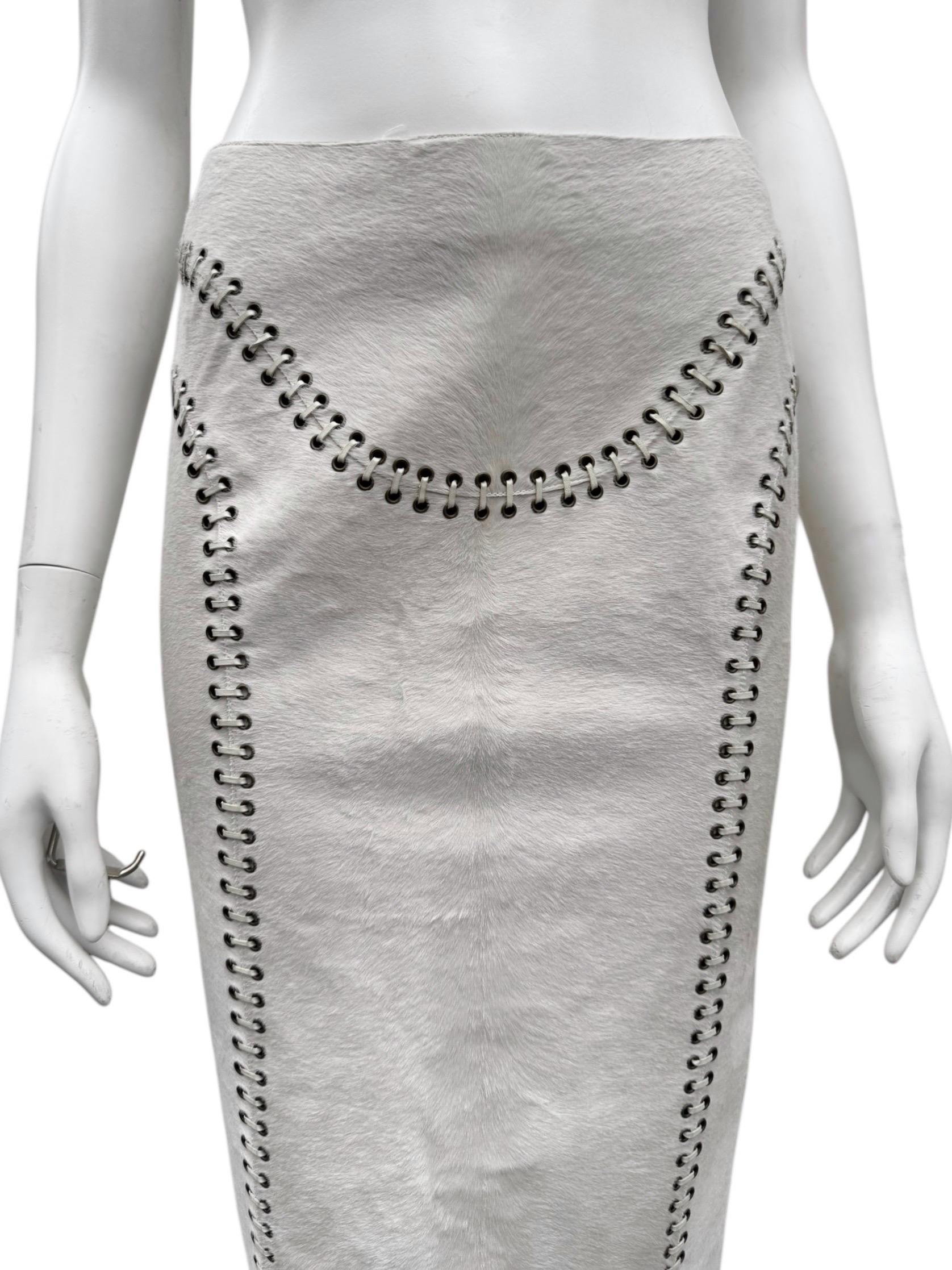 ALEXANDER MCQUEEN Pre-Fall 2010 WHITE PONY HAIR LACE-UP MIDI SKIRT 1