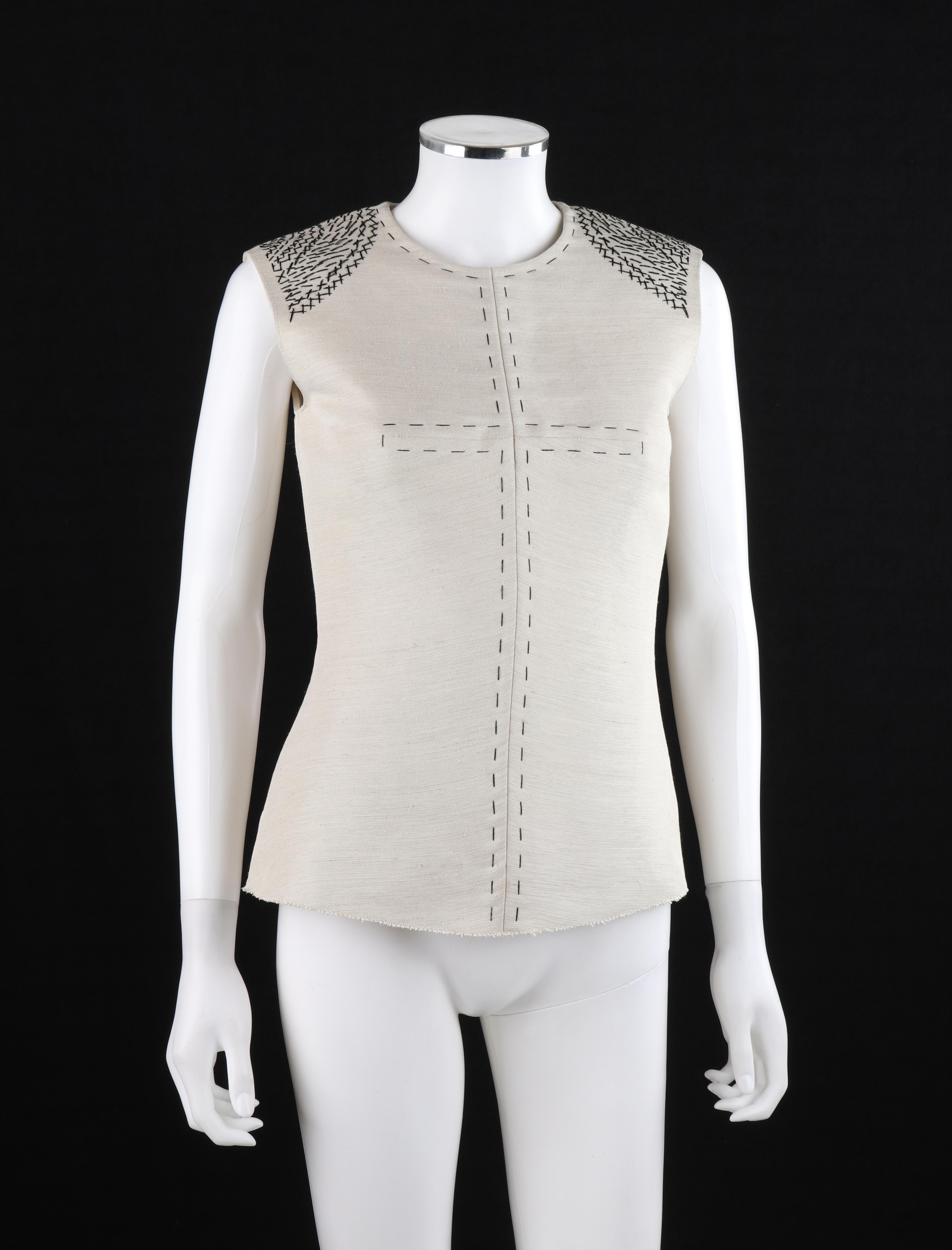 Gray ALEXANDER McQUEEN Pre-Fall 2014 Beige Black Structured Embroidered Cross Top