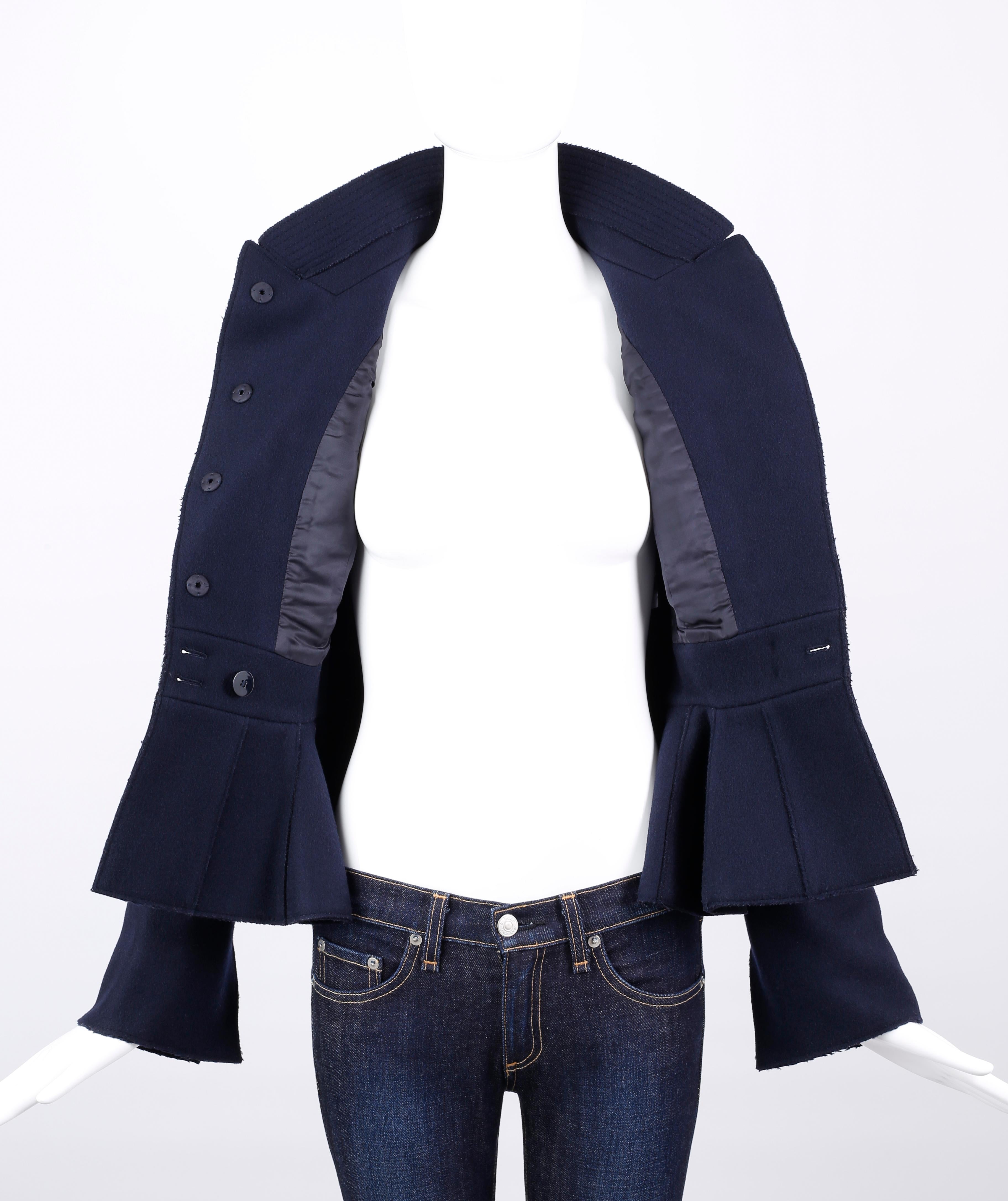 Black Alexander McQueen Pre-Fall 2015 Navy Wool Peplum Military Style Blazer Jacket For Sale