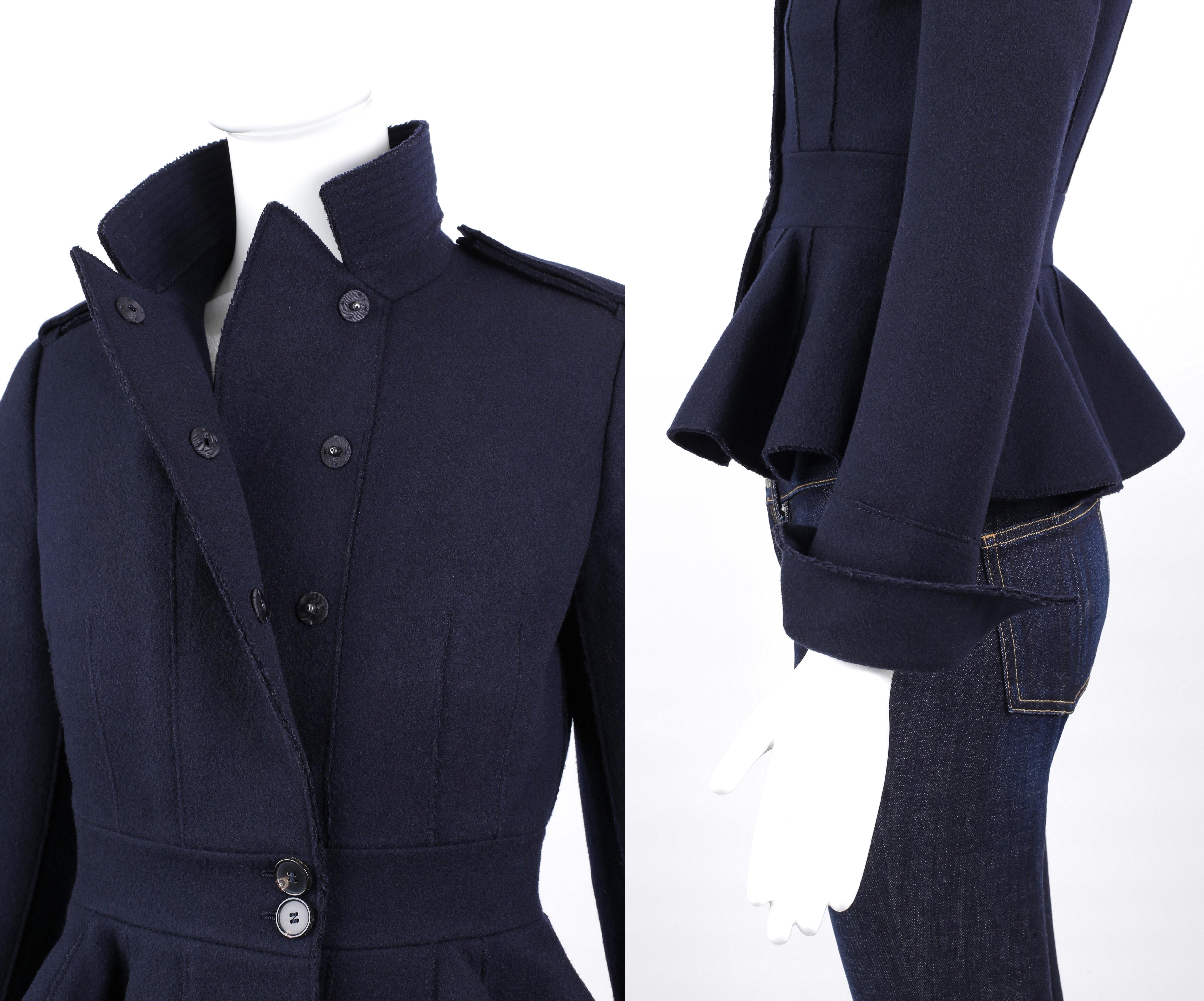 Alexander McQueen Pre-Fall 2015 Navy Wool Peplum Military Style Blazer Jacket In Good Condition For Sale In Chicago, IL